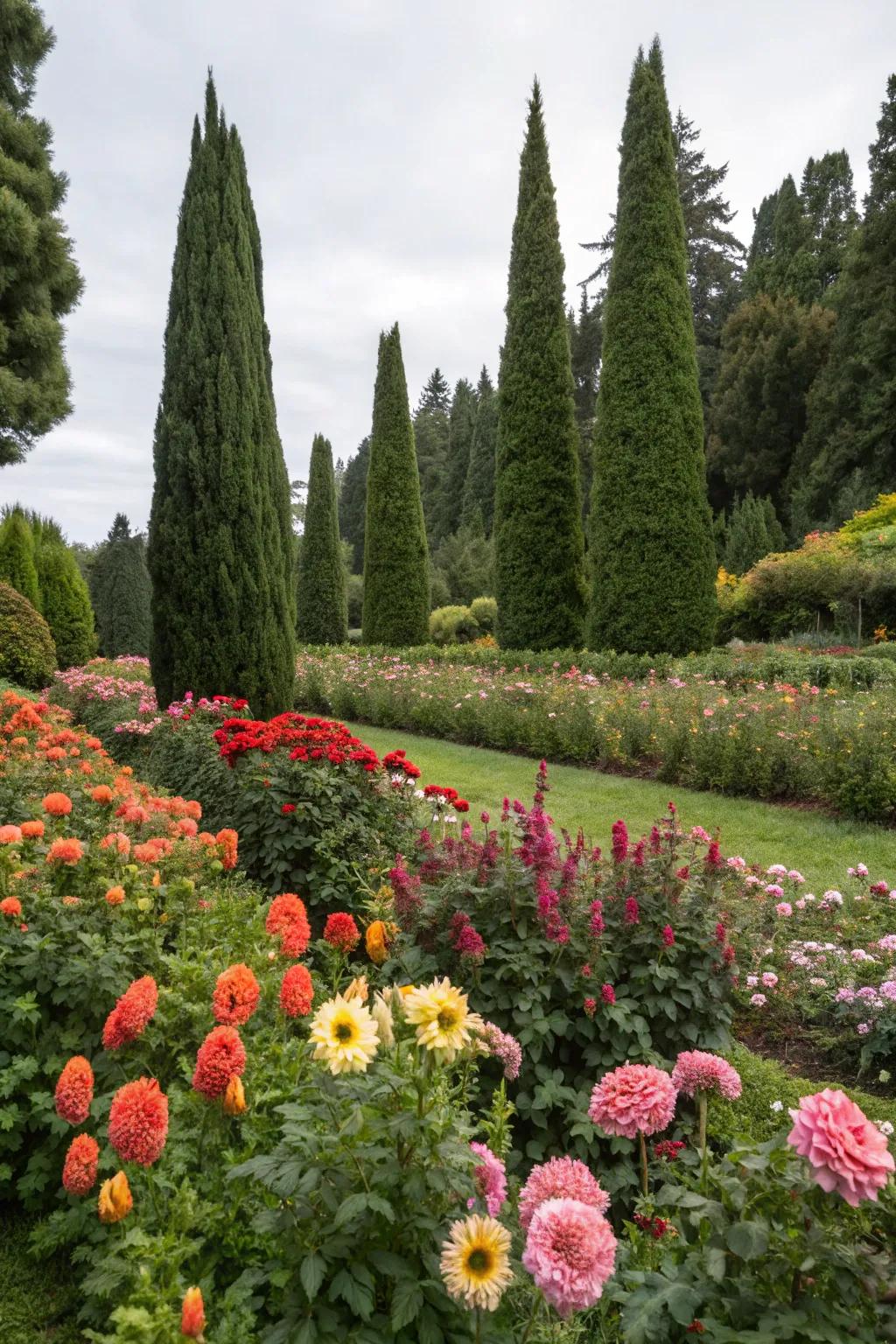 Highlight vibrant blooms with a Thuja backdrop.