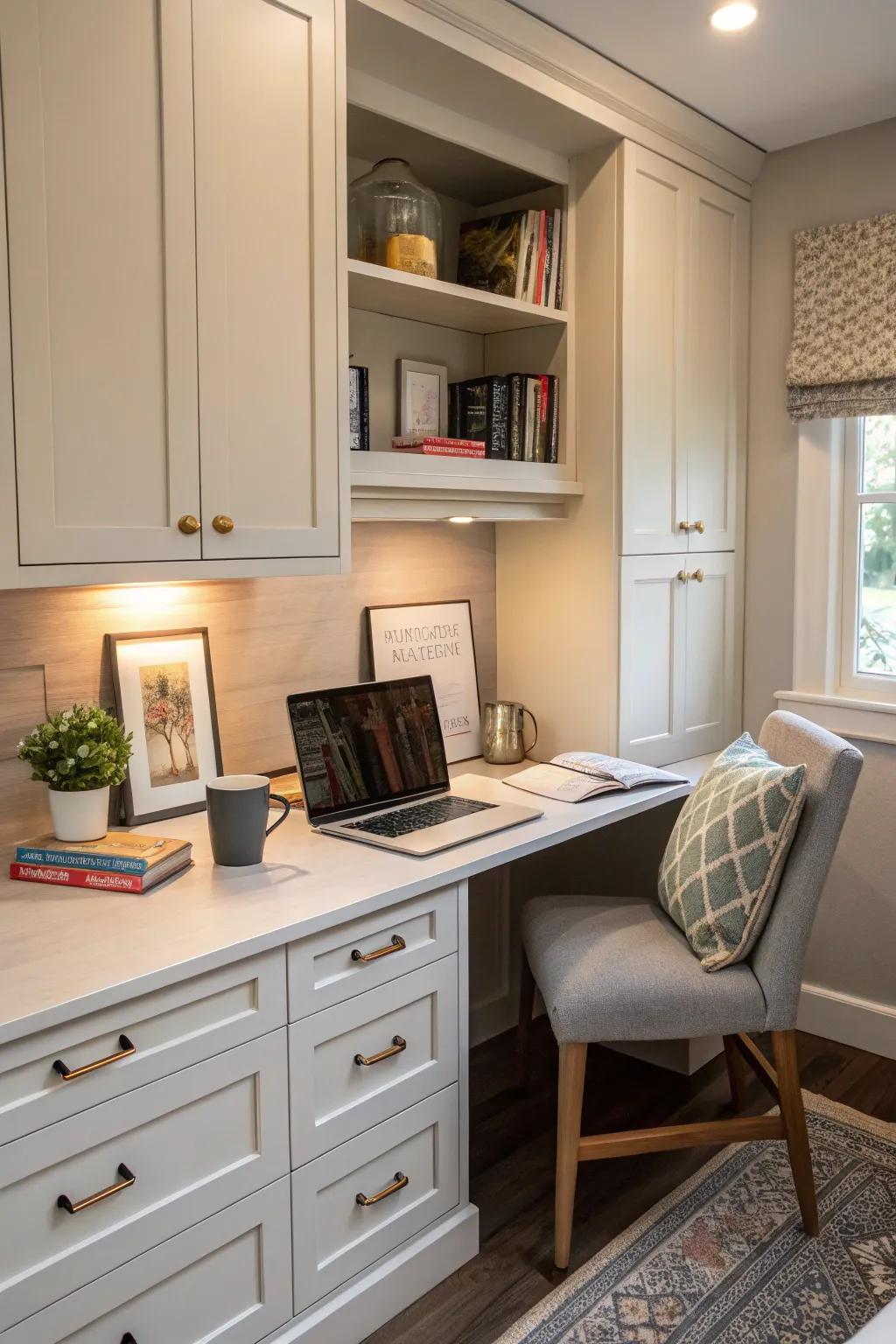 A built-in desk seamlessly integrates into cabinetry for a streamlined appearance.