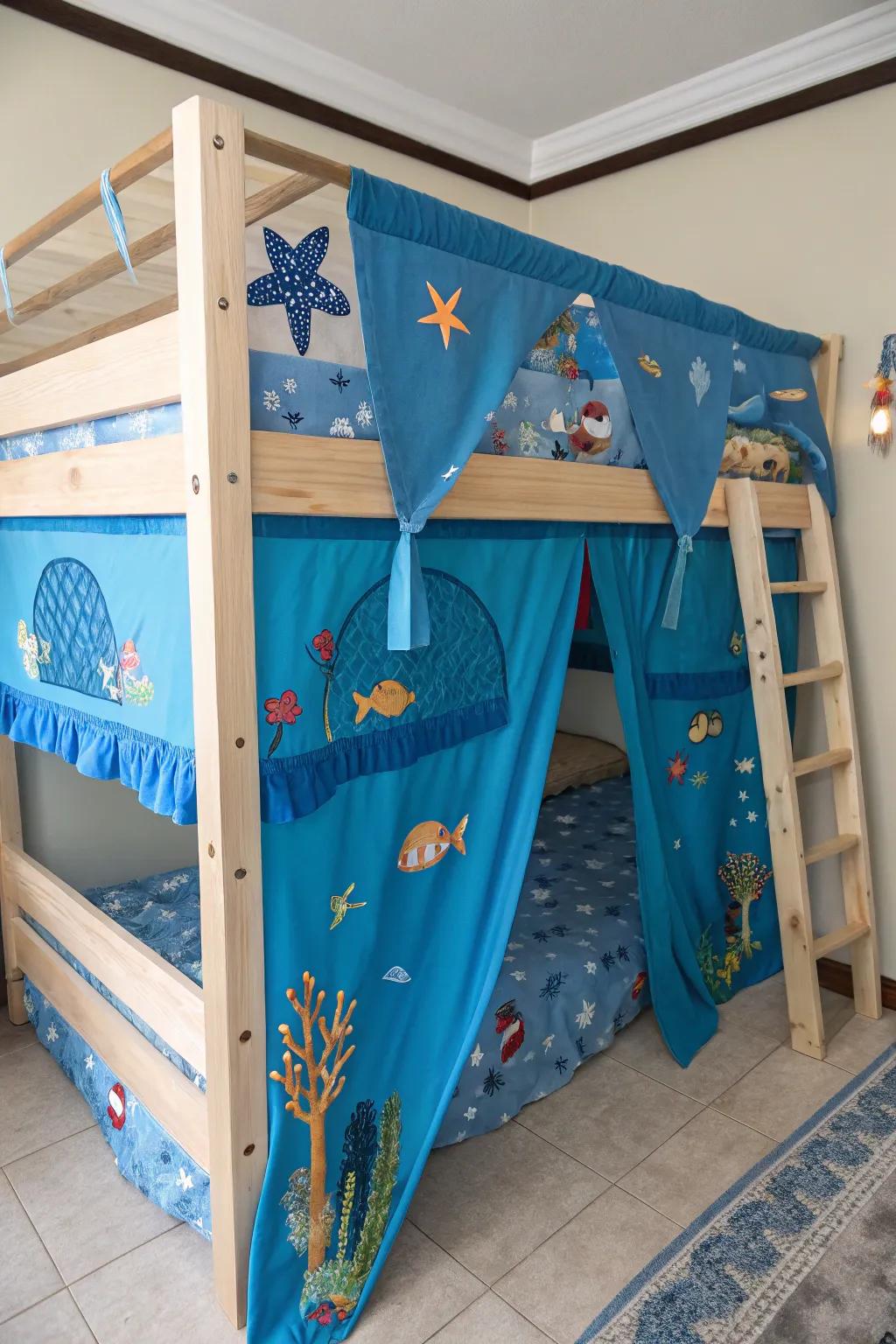 An underwater-themed canopy brings oceanic charm.
