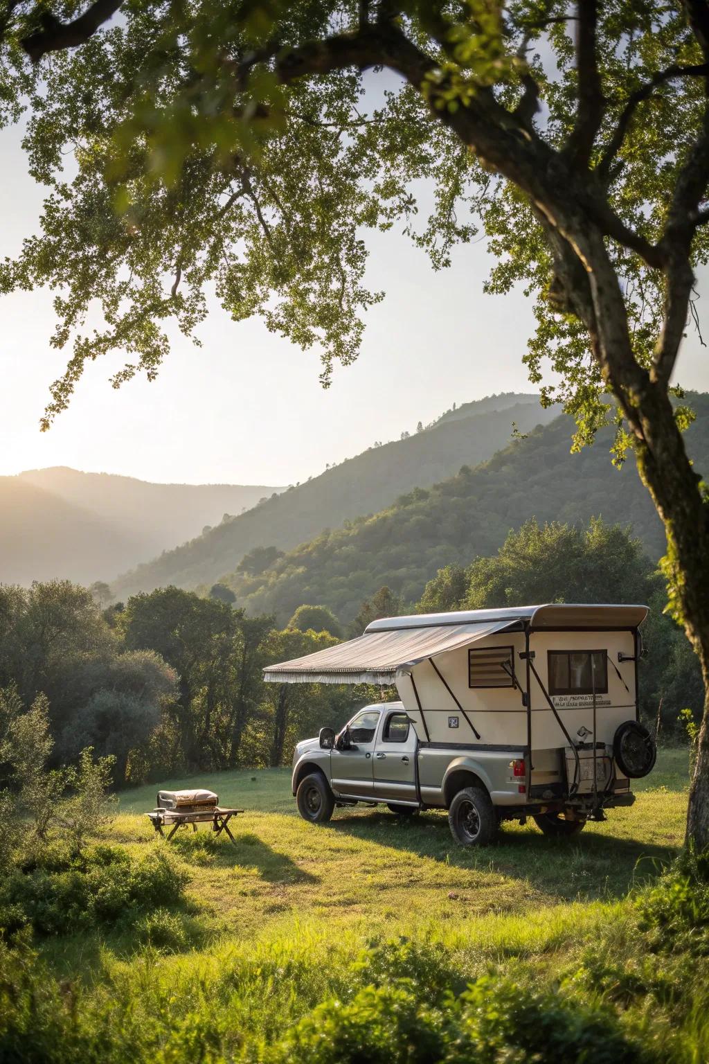 An eco-friendly awning made from recycled materials, blending with nature.