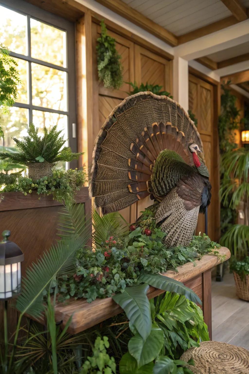 Greenery adds a fresh, natural element to a turkey fan mount.