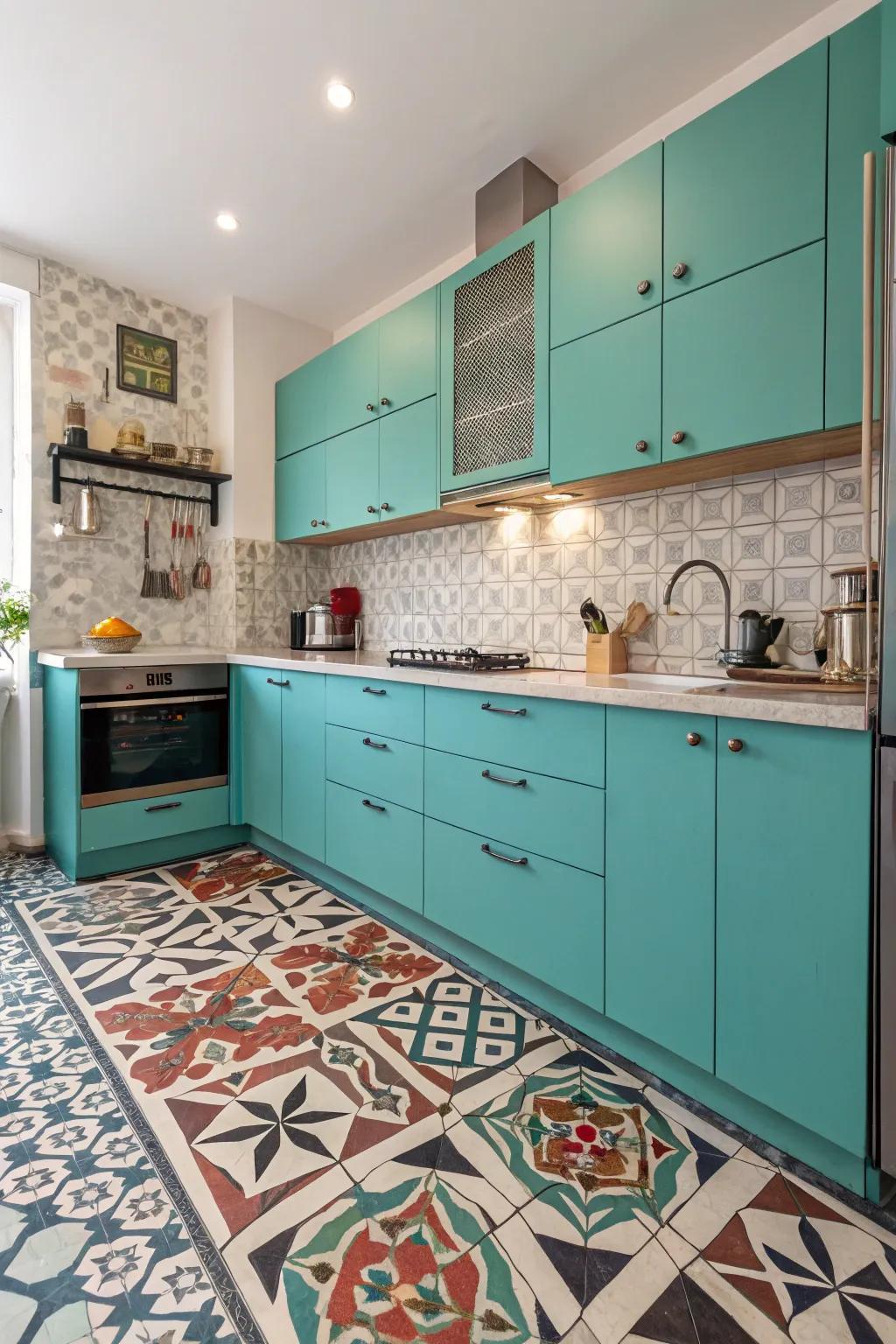 Geometric patterns adding a contemporary edge to turquoise cabinetry.