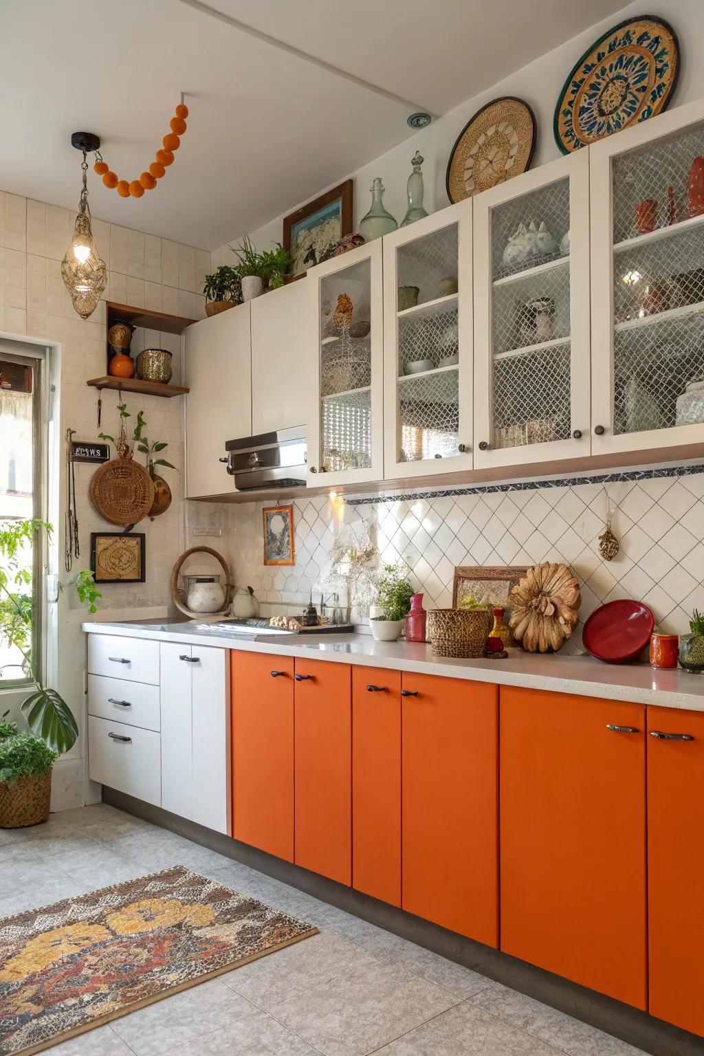 A daring orange and white kitchen that makes a statement.