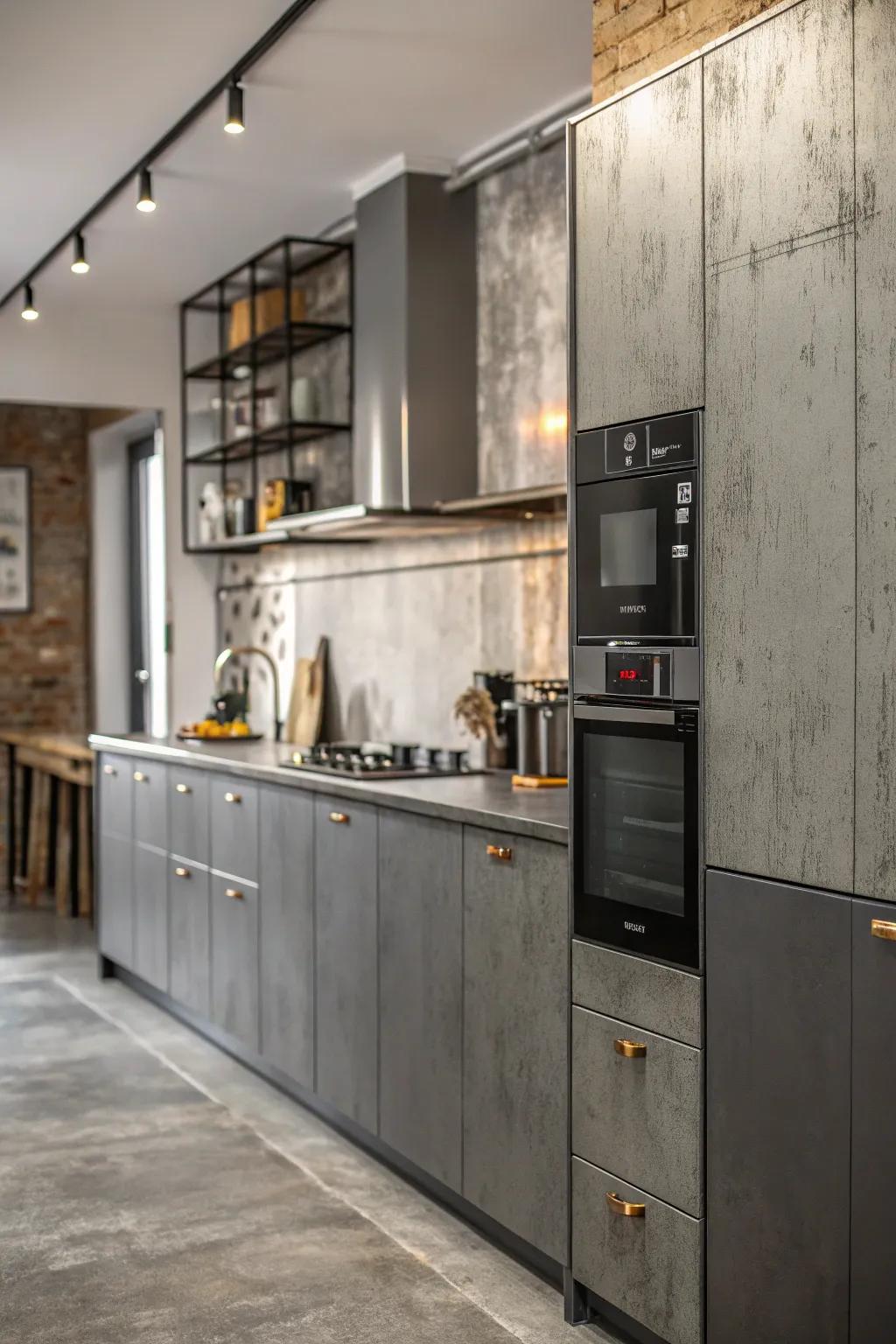 Modern kitchen with an industrial edge using grey and metallic walls.