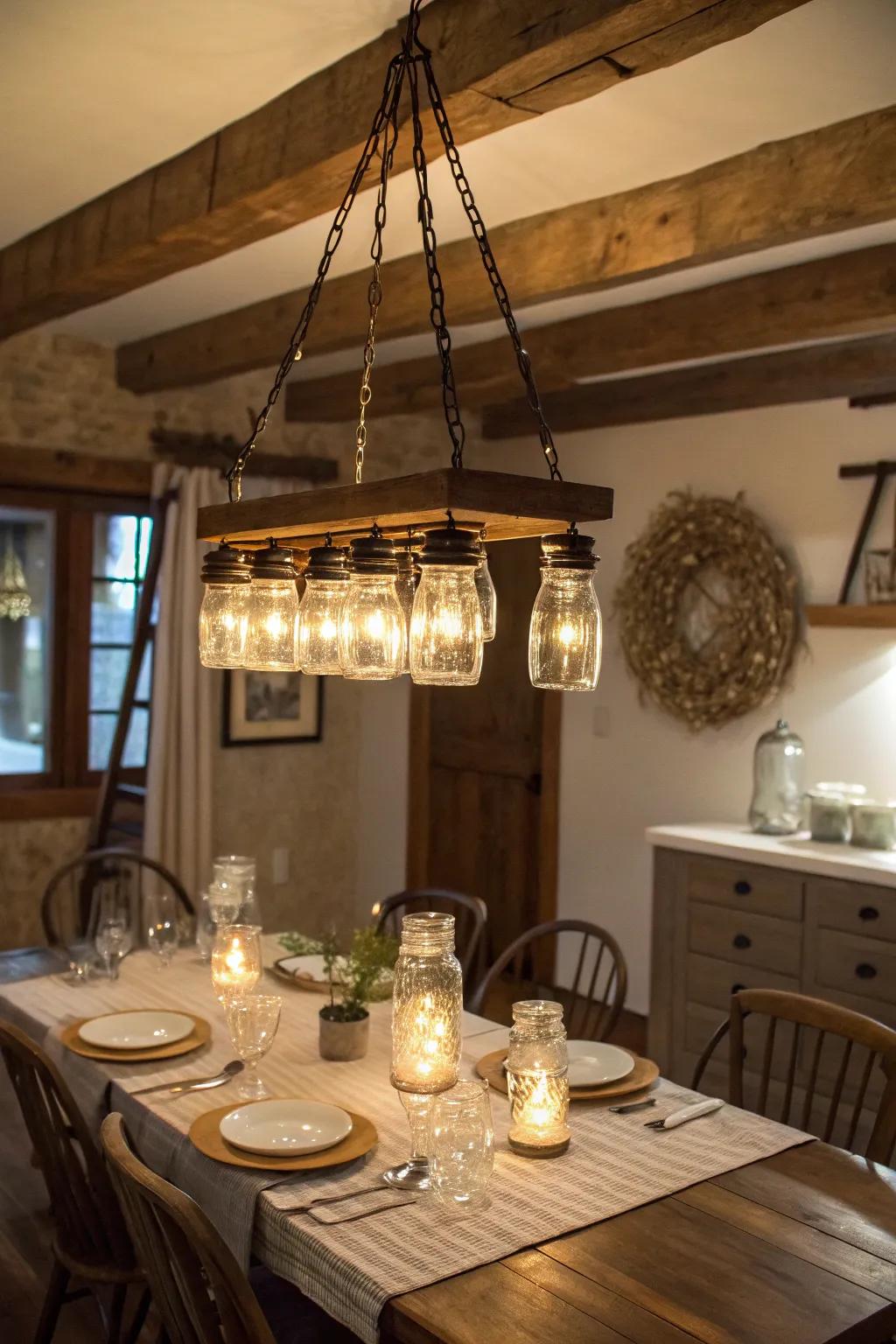 Rustic chic with a mason jar chandelier.