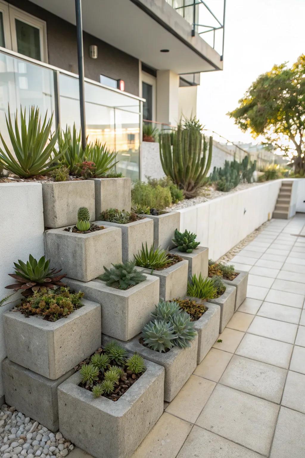 Concrete blocks create a minimalist, industrial-style succulent garden.