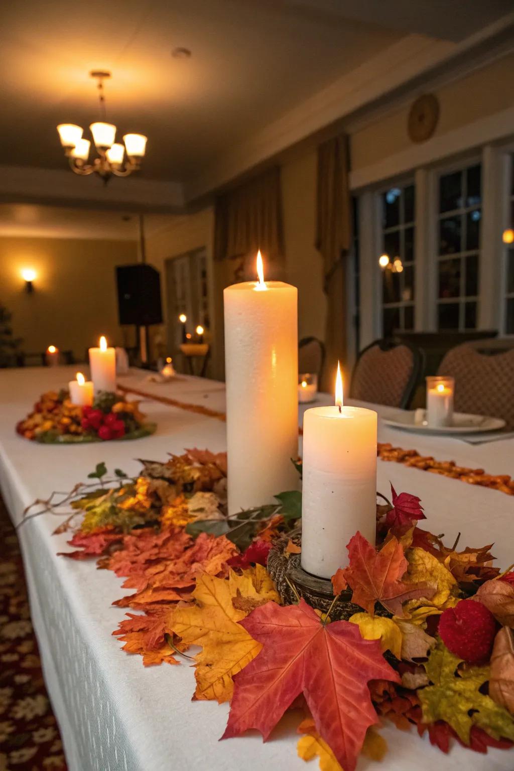 Seasonal accents like autumn leaves surround this unity candle table.