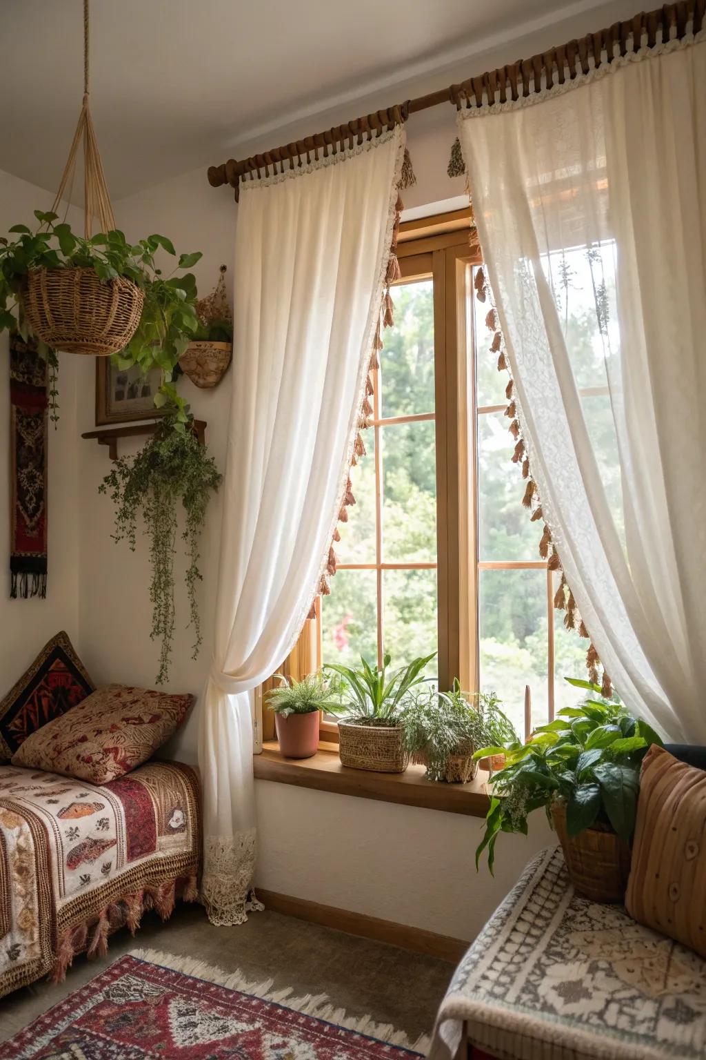 A window with a tassel-trimmed valance in a bohemian guest room.