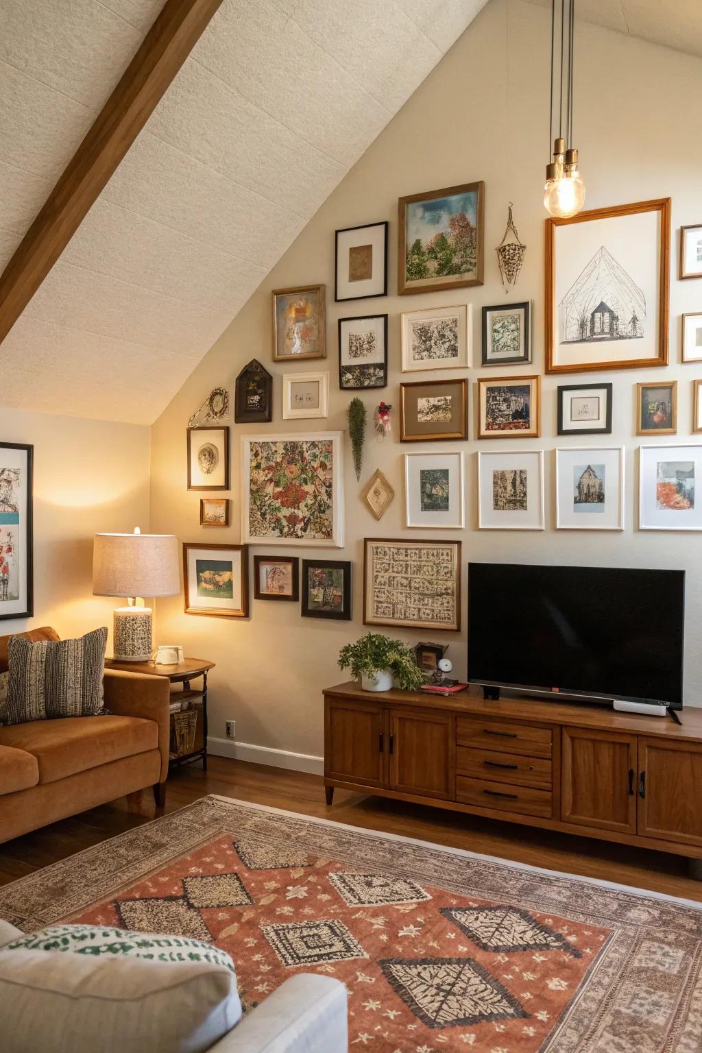 Living room with vaulted ceiling and eclectic gallery wall