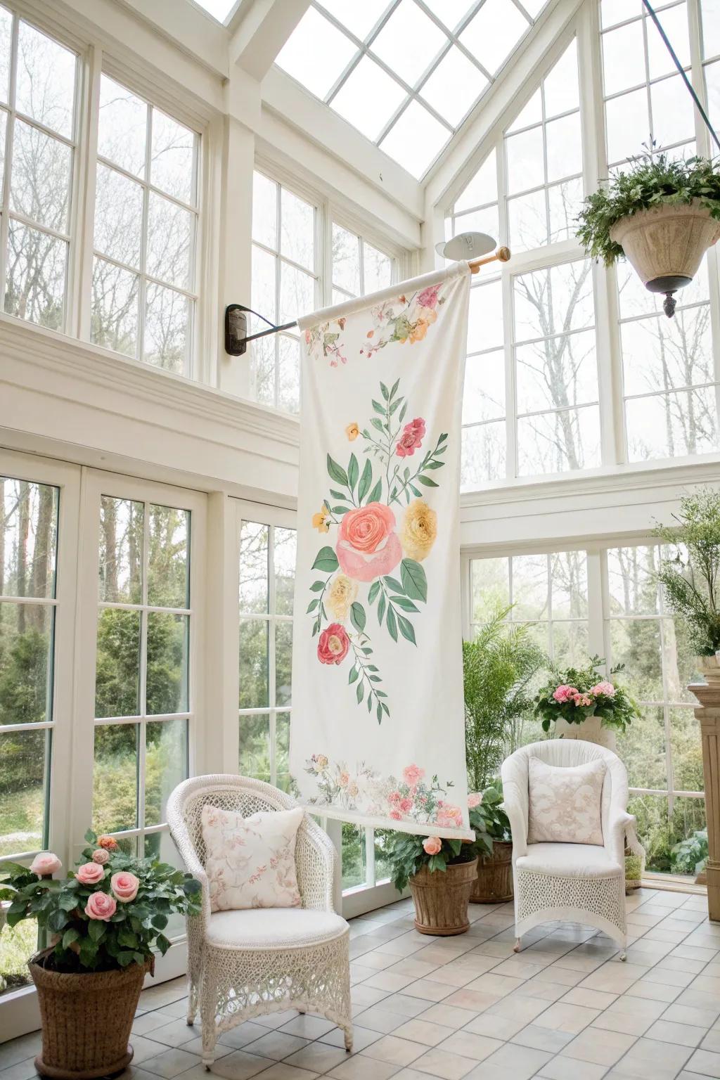 A floral design banner adds a touch of elegance to a sunroom.