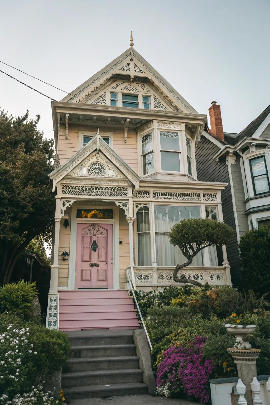 A pastel door adds a whimsical touch to this Victorian facade.