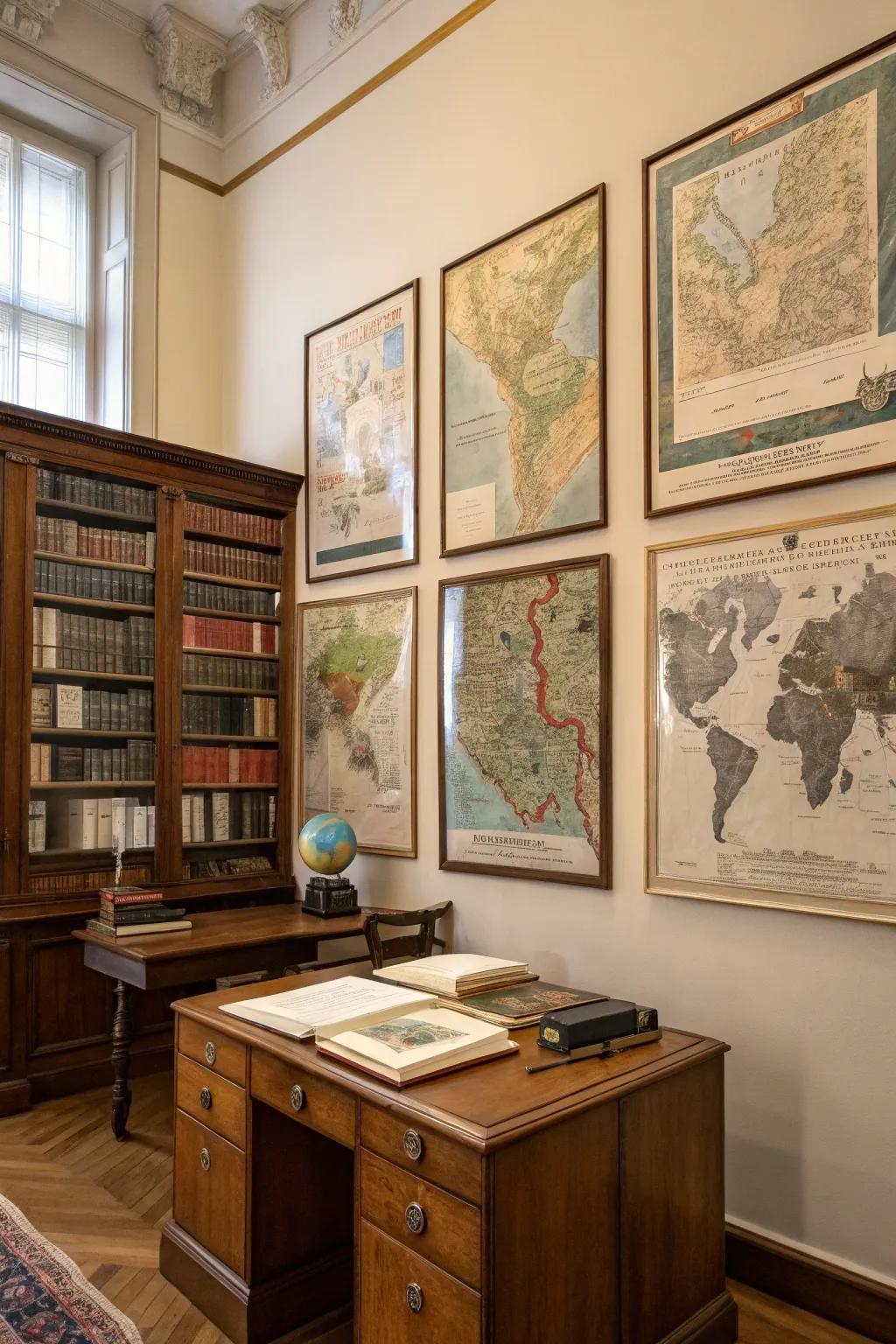 A study room featuring vintage maps as wall decor.