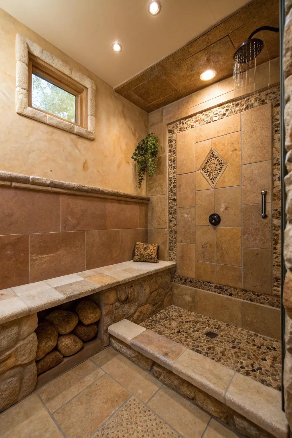 A natural stone bench brings an earthy, timeless appeal to the shower.