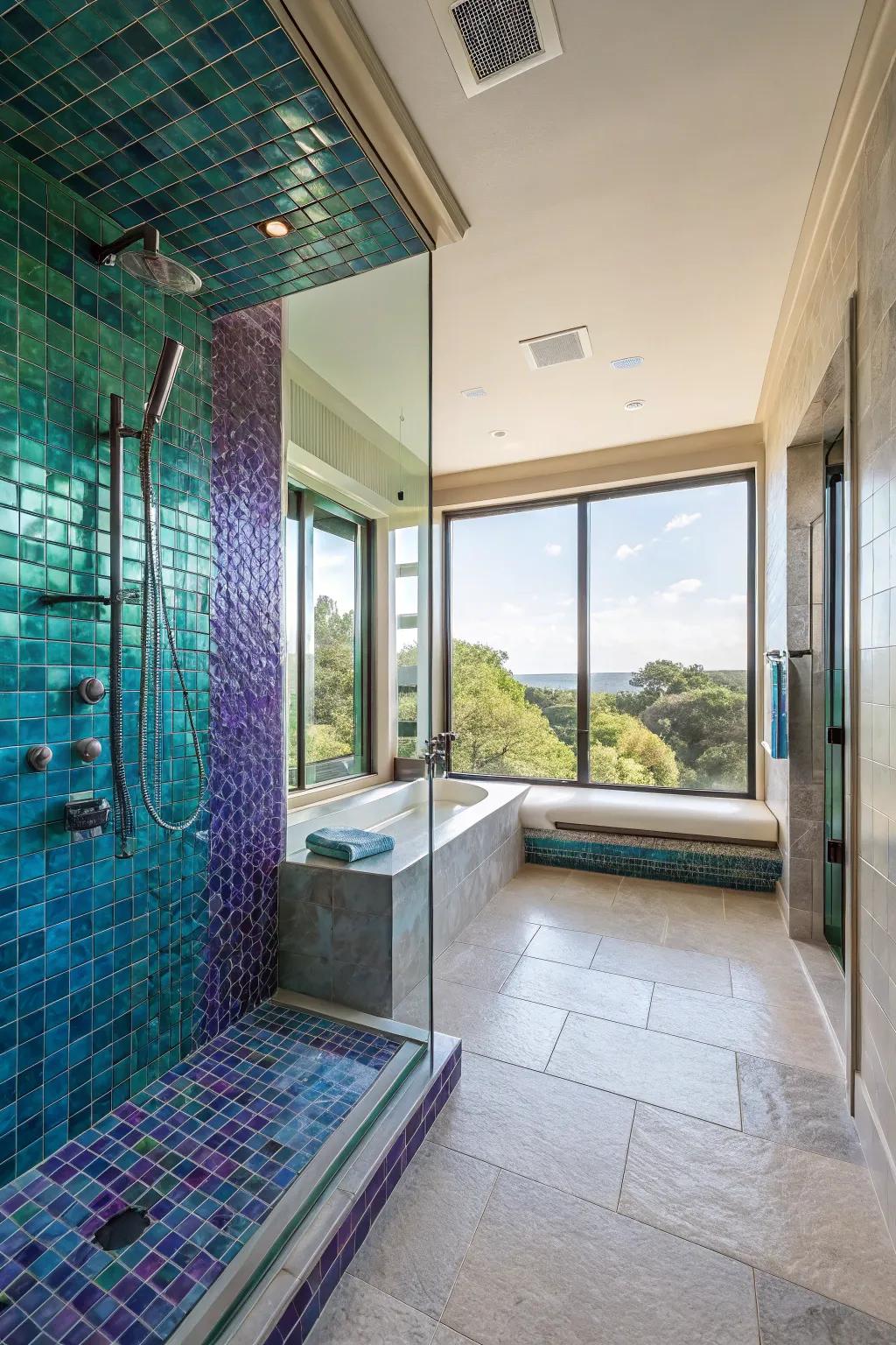 Jewel-toned tiles add drama and opulence to your shower.