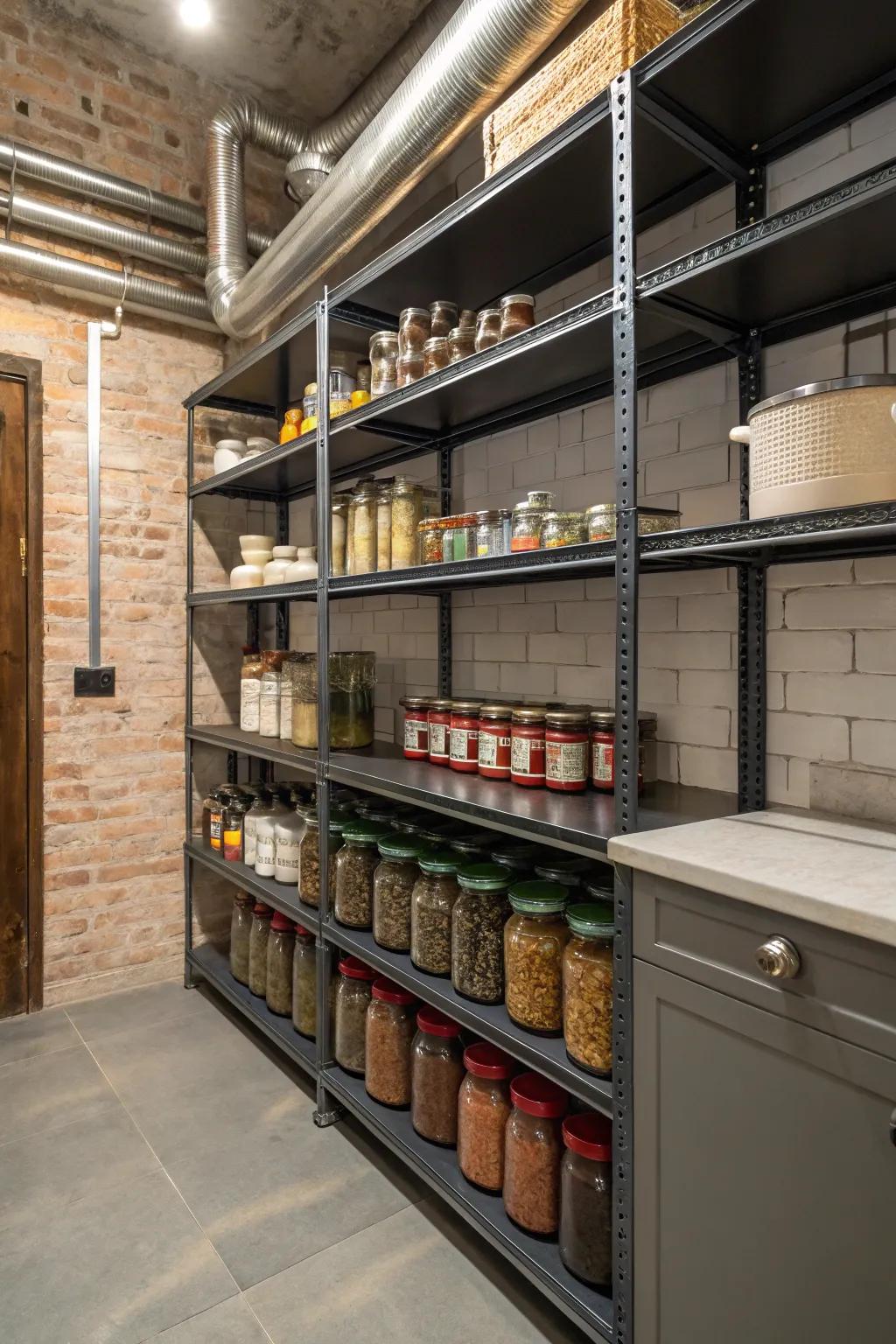 Industrial elements creating an edgy pantry look.