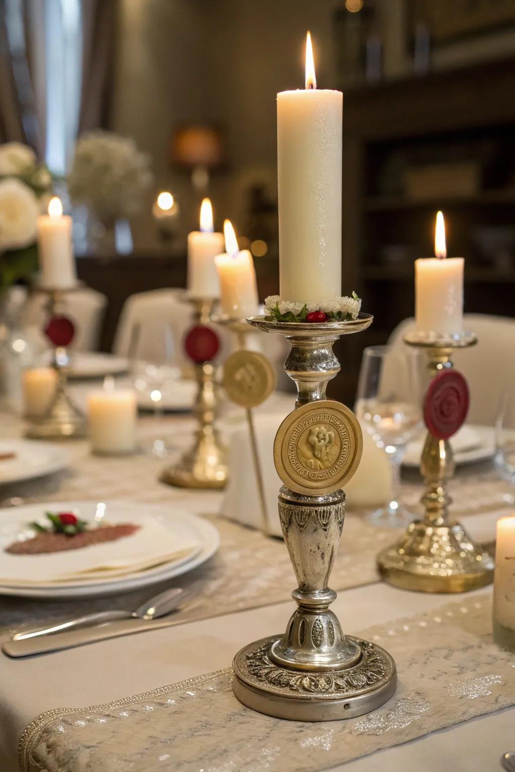 Candle holders enhanced with wax seals, creating a stunning and elegant centerpiece.