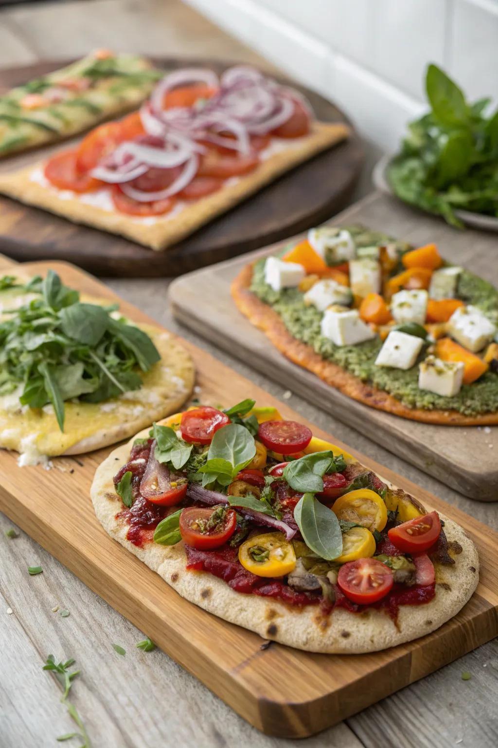 A selection of creative flatbreads topped with fresh and tasty ingredients.