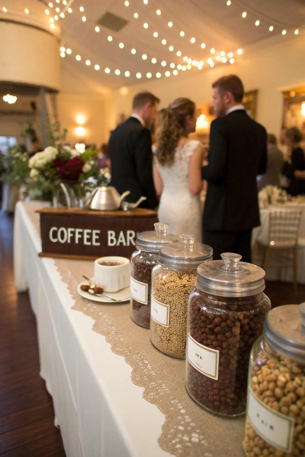 Custom coffee blends at a wedding coffee bar.