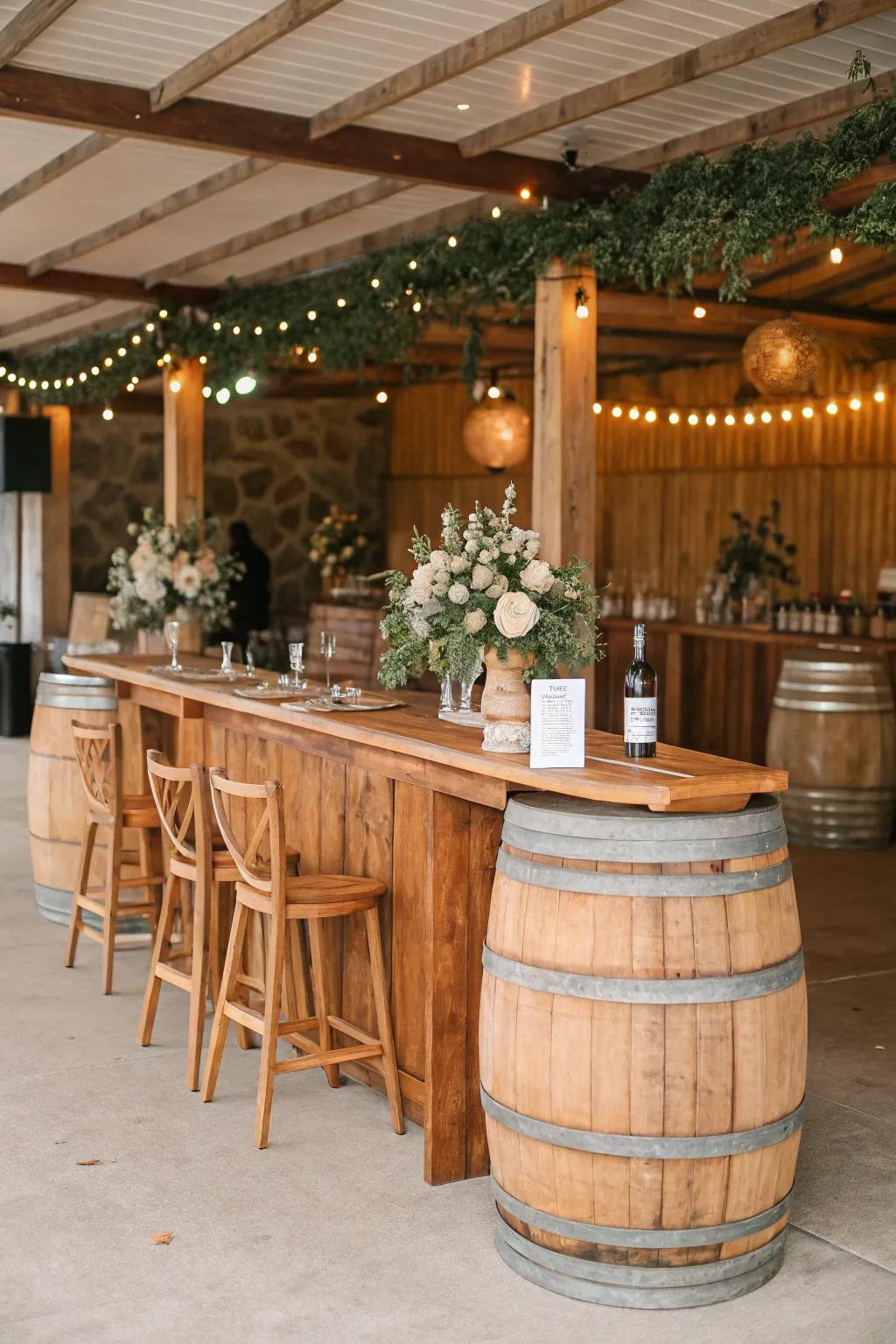 A rustic barrel bar setup at a wedding, adding a charming country vibe to the event.