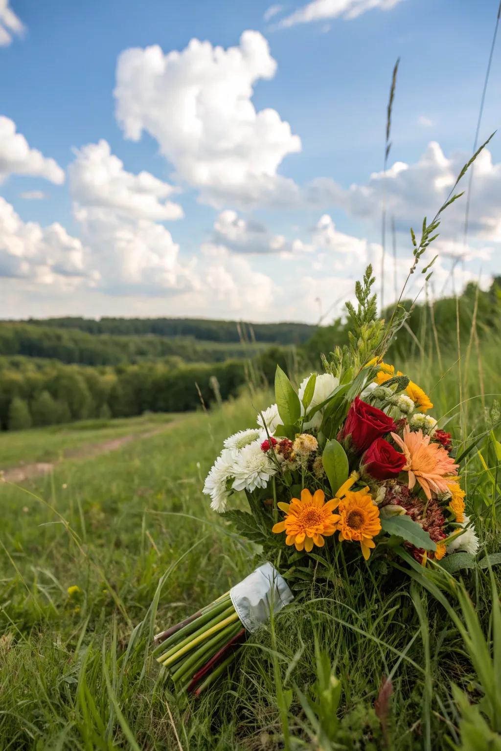 A bouquet featuring seasonal blooms in a natural setting.