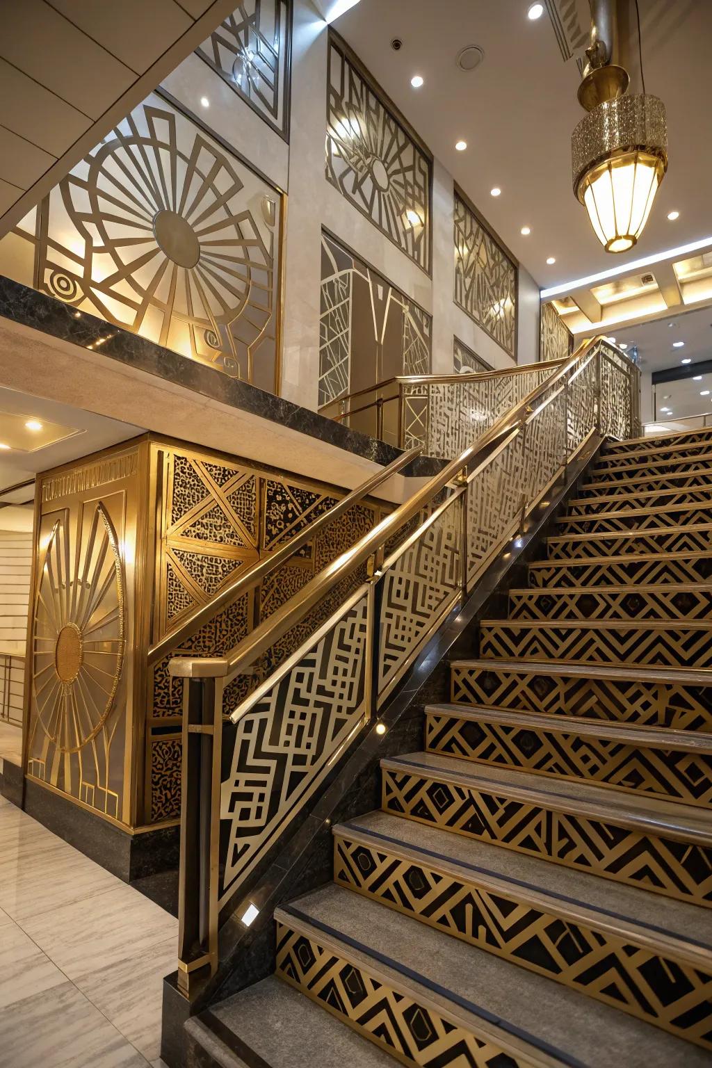 Art deco style adds a bold, eye-catching statement to this staircase.