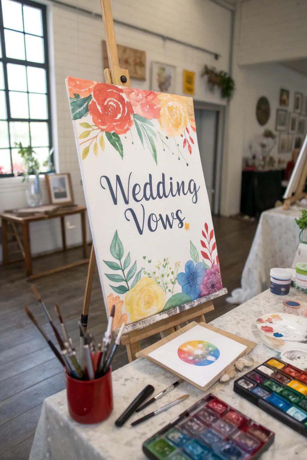 Vibrant custom watercolor vows inspiring creativity in an art studio.