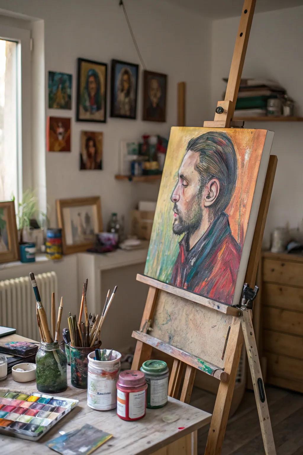 An unconventional portrait adding quirky charm to an artistic workspace.