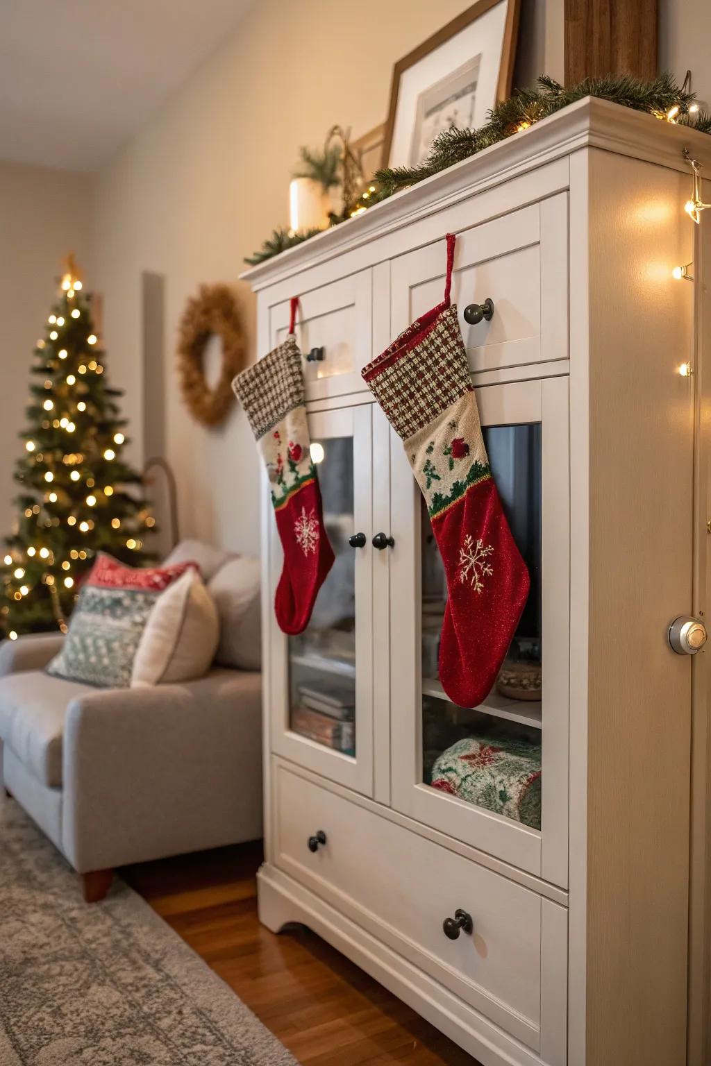 Cabinet doors offer a simple and effective way to hang stockings.