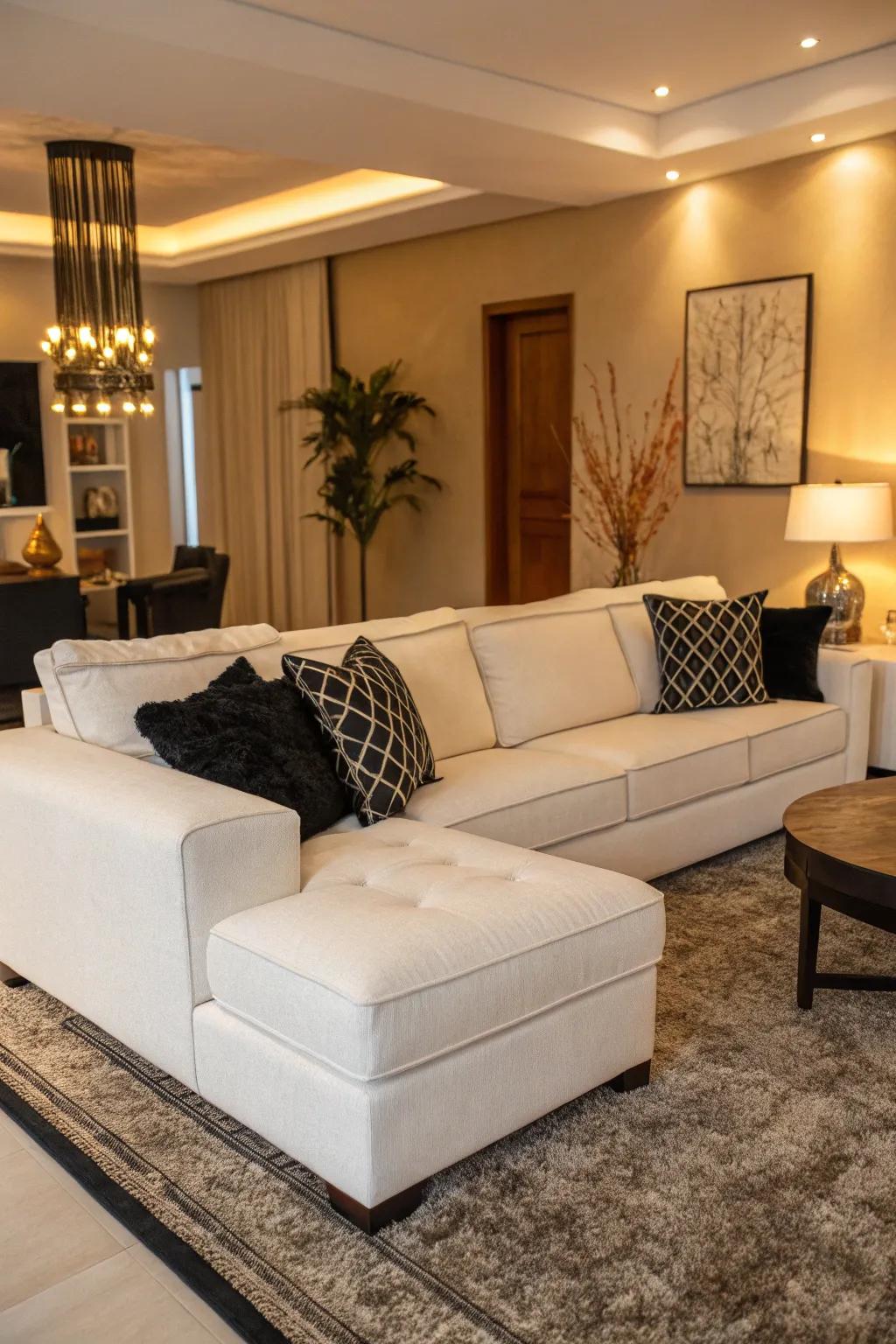 A pop of black adds sophistication to a living room with a white sectional.