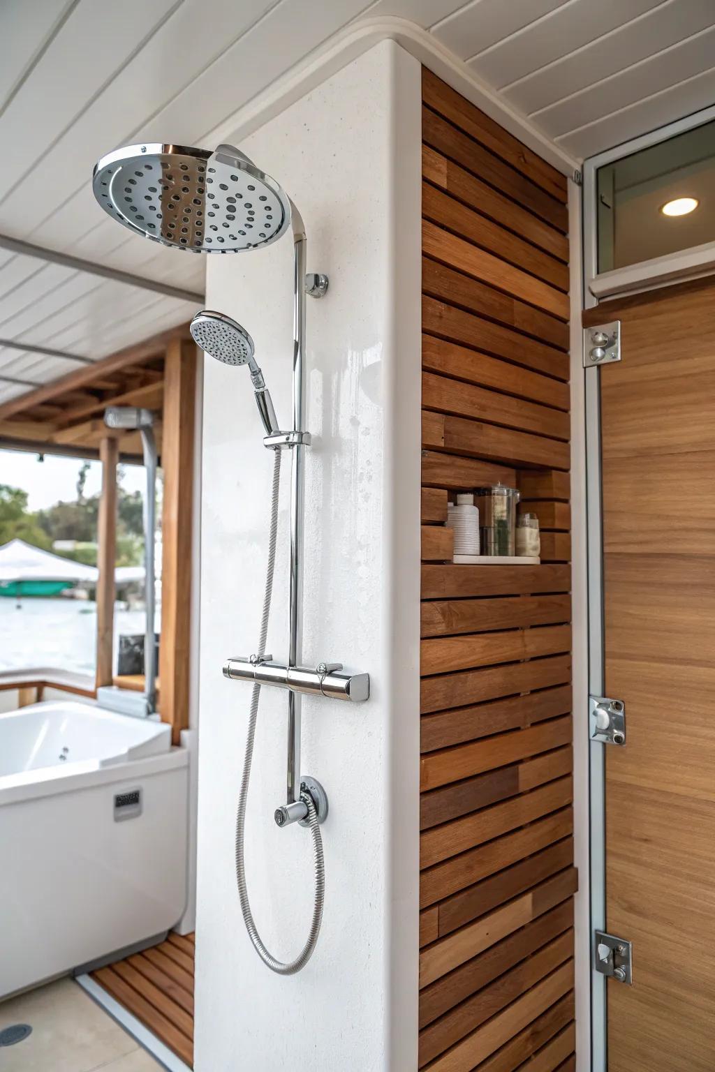 Warm wood accents complementing a white shower design.