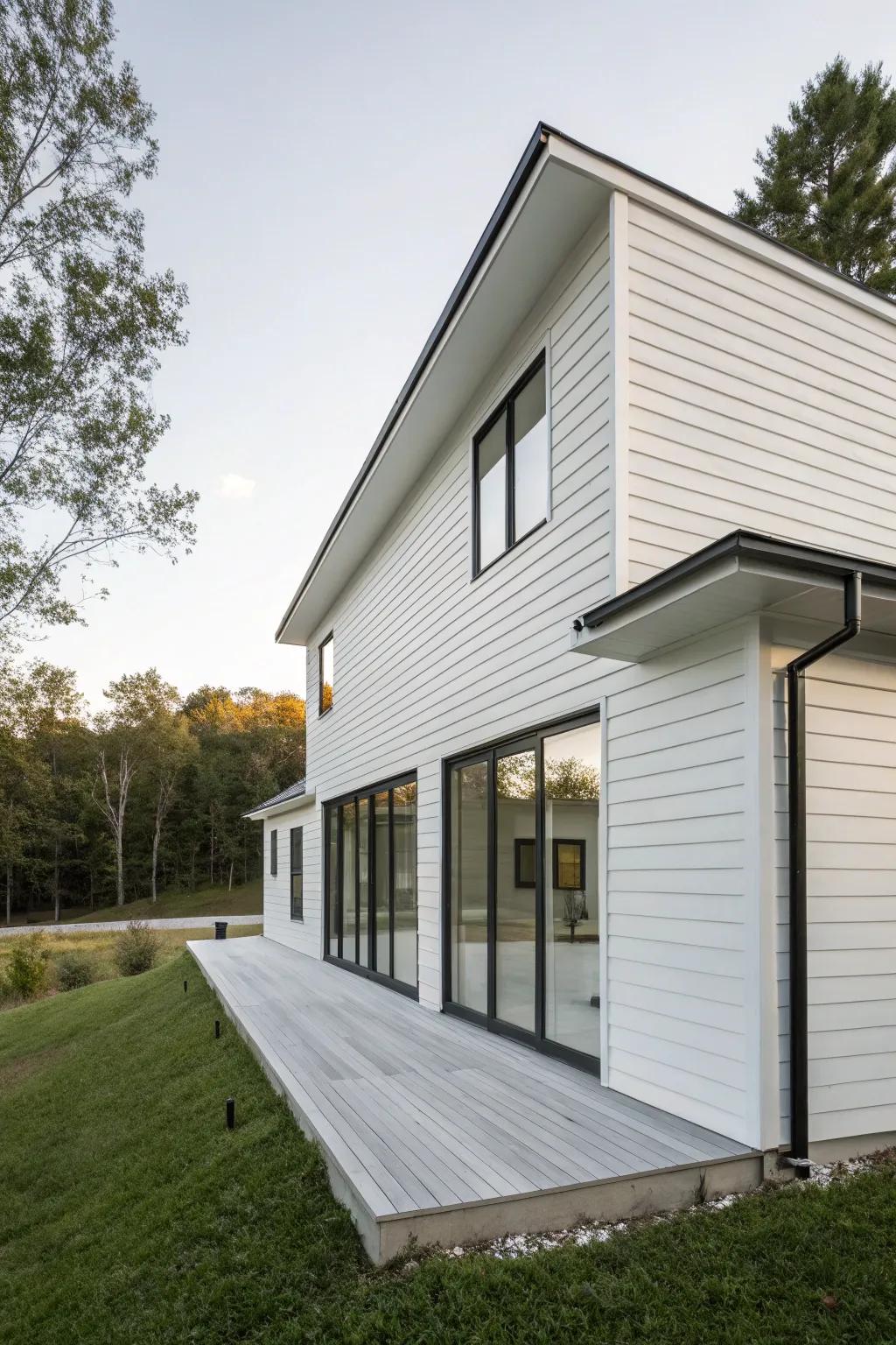 A minimalist house design featuring serene white vinyl siding.