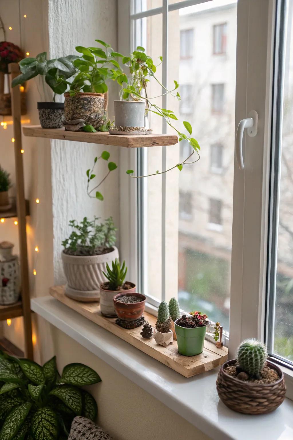 Floating shelves maximize space for decor above the window sill.