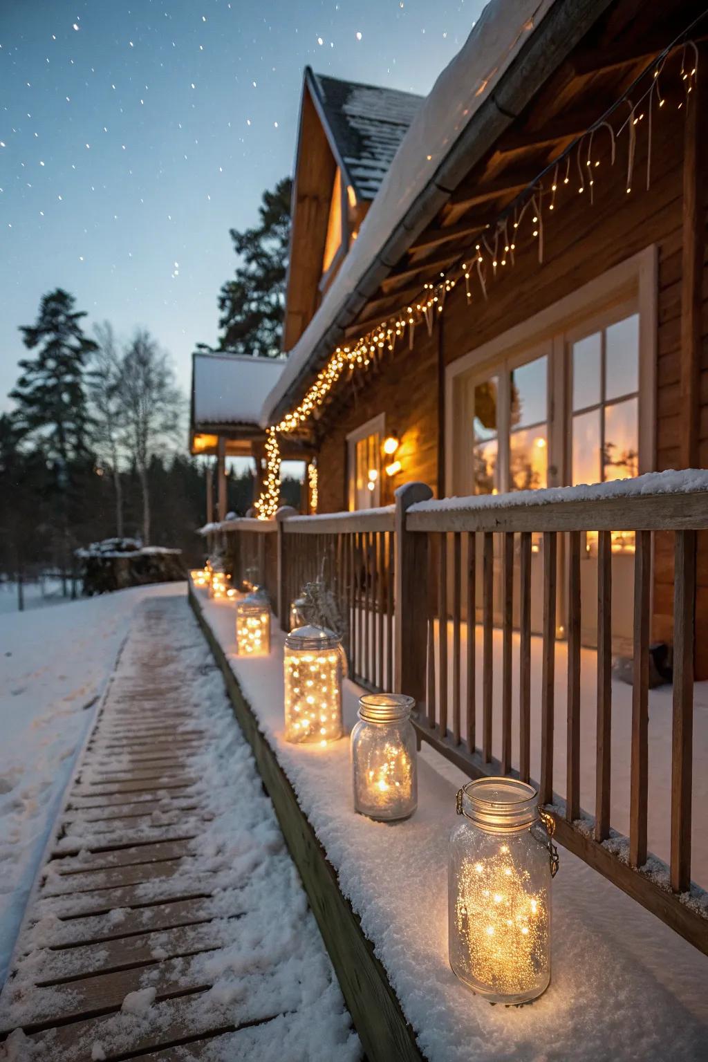 Mason jars filled with fairy lights enchant this winter porch.