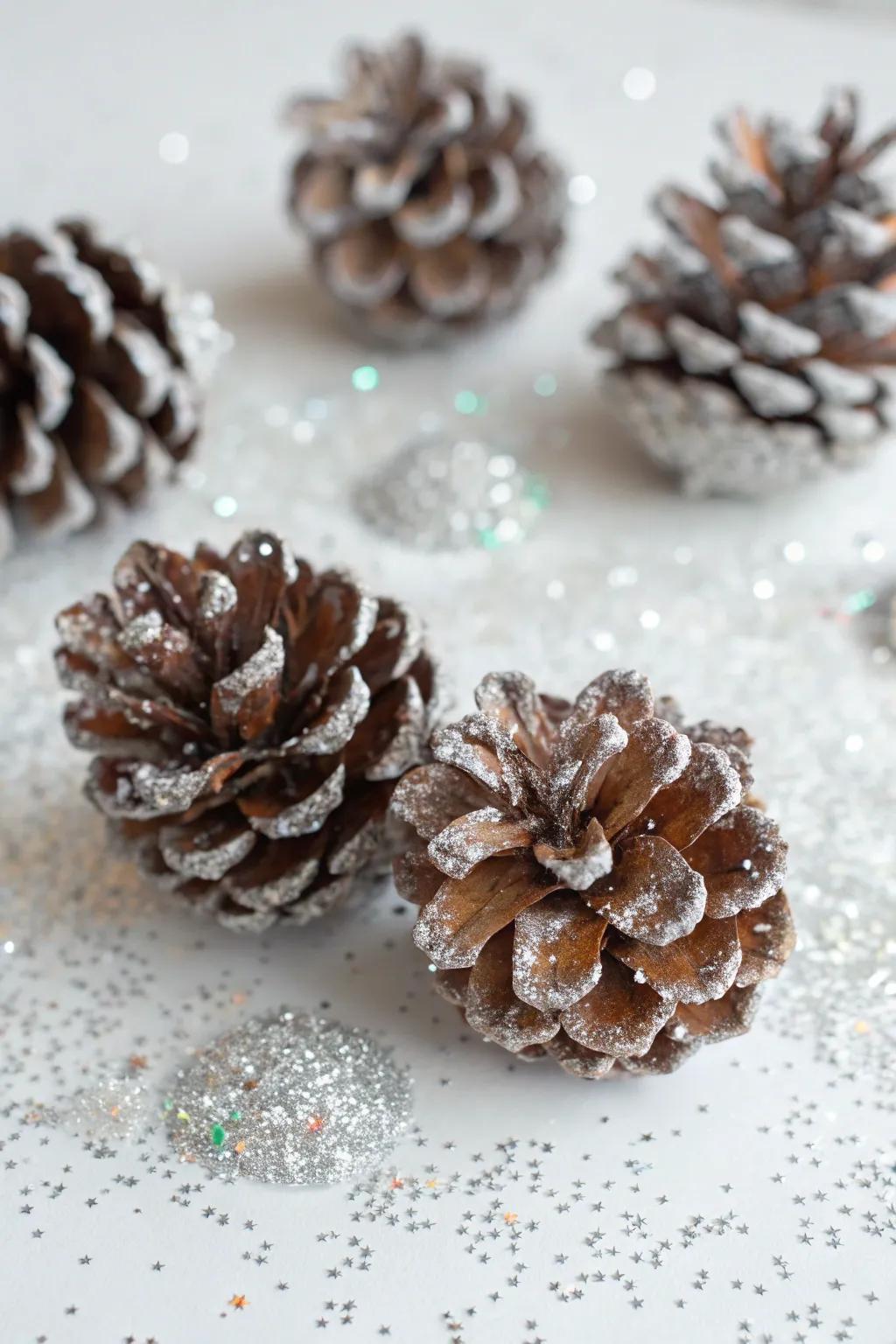 Frosted pinecones add a touch of winter sparkle.