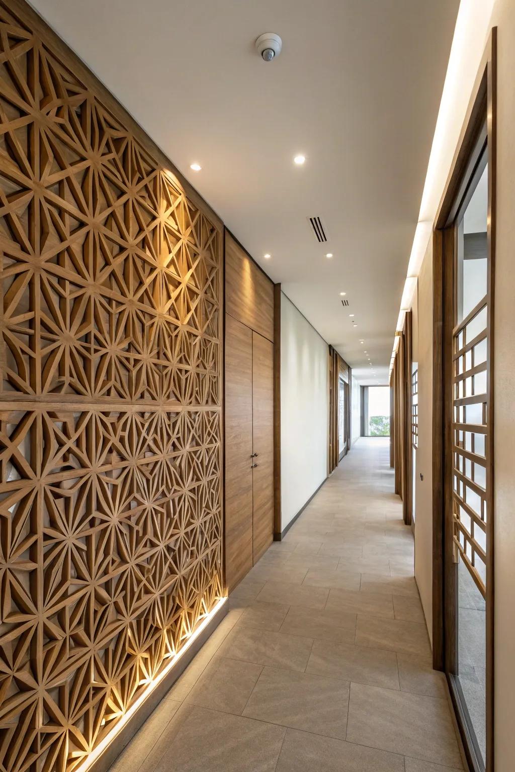 A hallway featuring an eye-catching geometric wood accent wall.