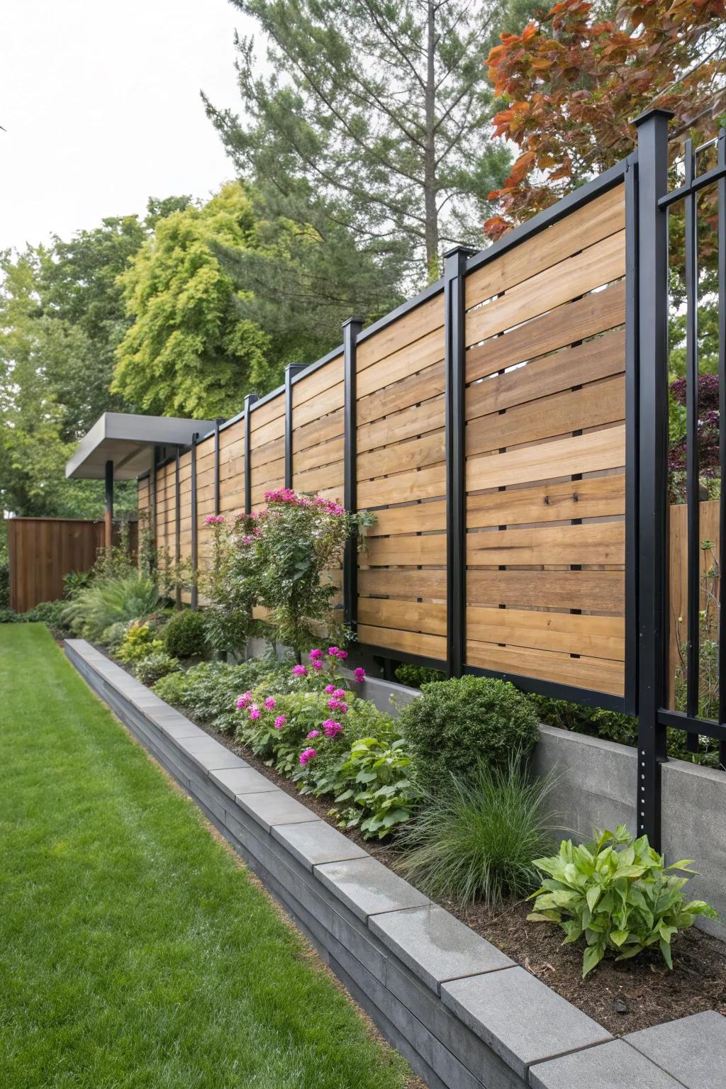 A striking fence with floating wood panels and metal supports.