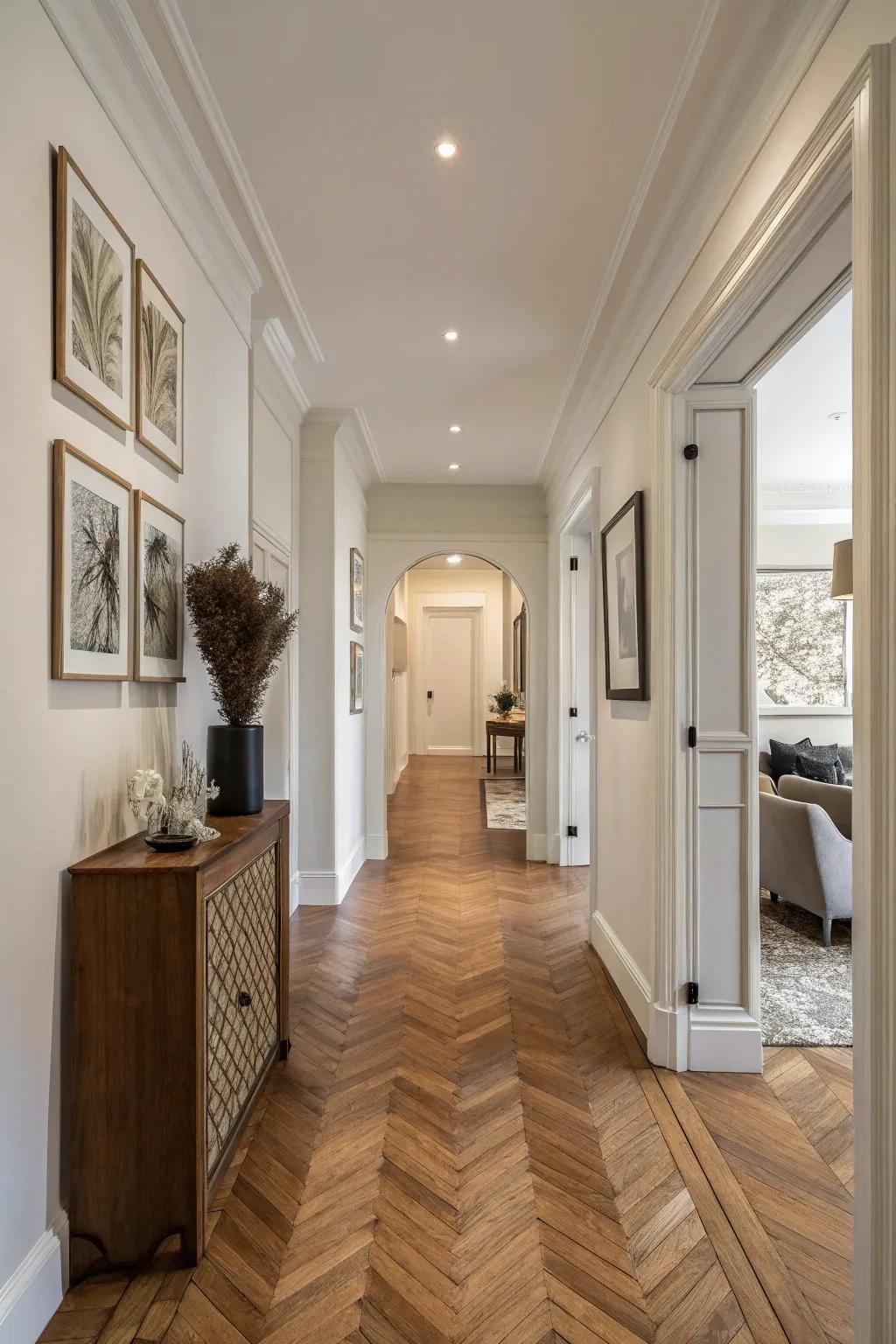 A hallway with end grain wood flooring offering unique intrigue.
