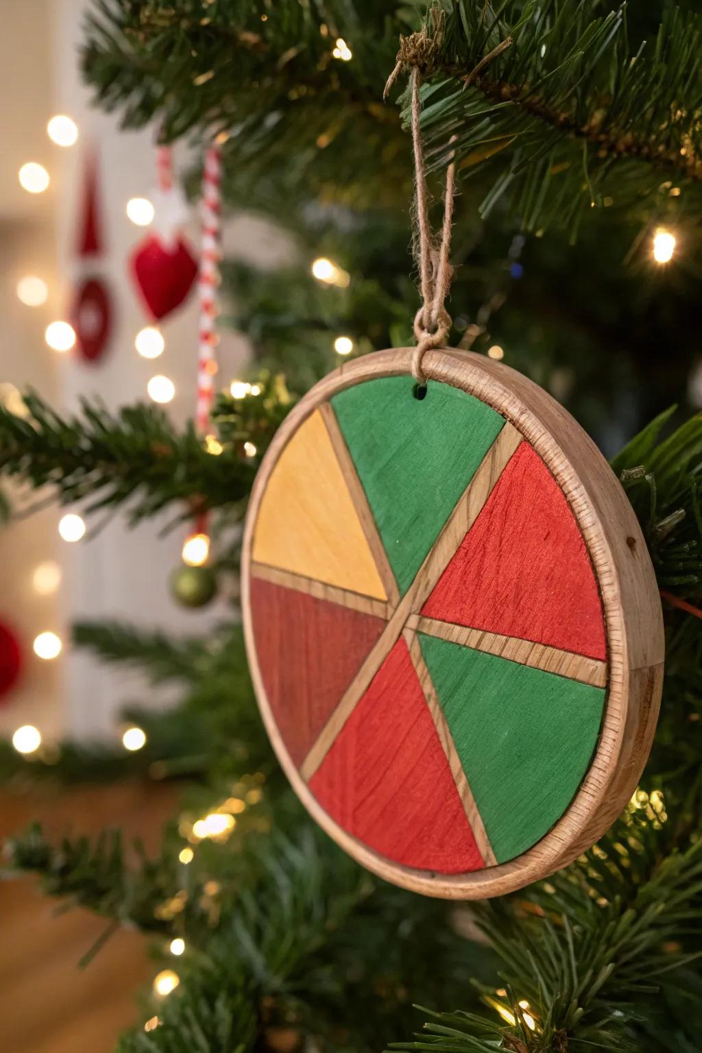 Color blocking adds a modern flair to this wooden ornament.