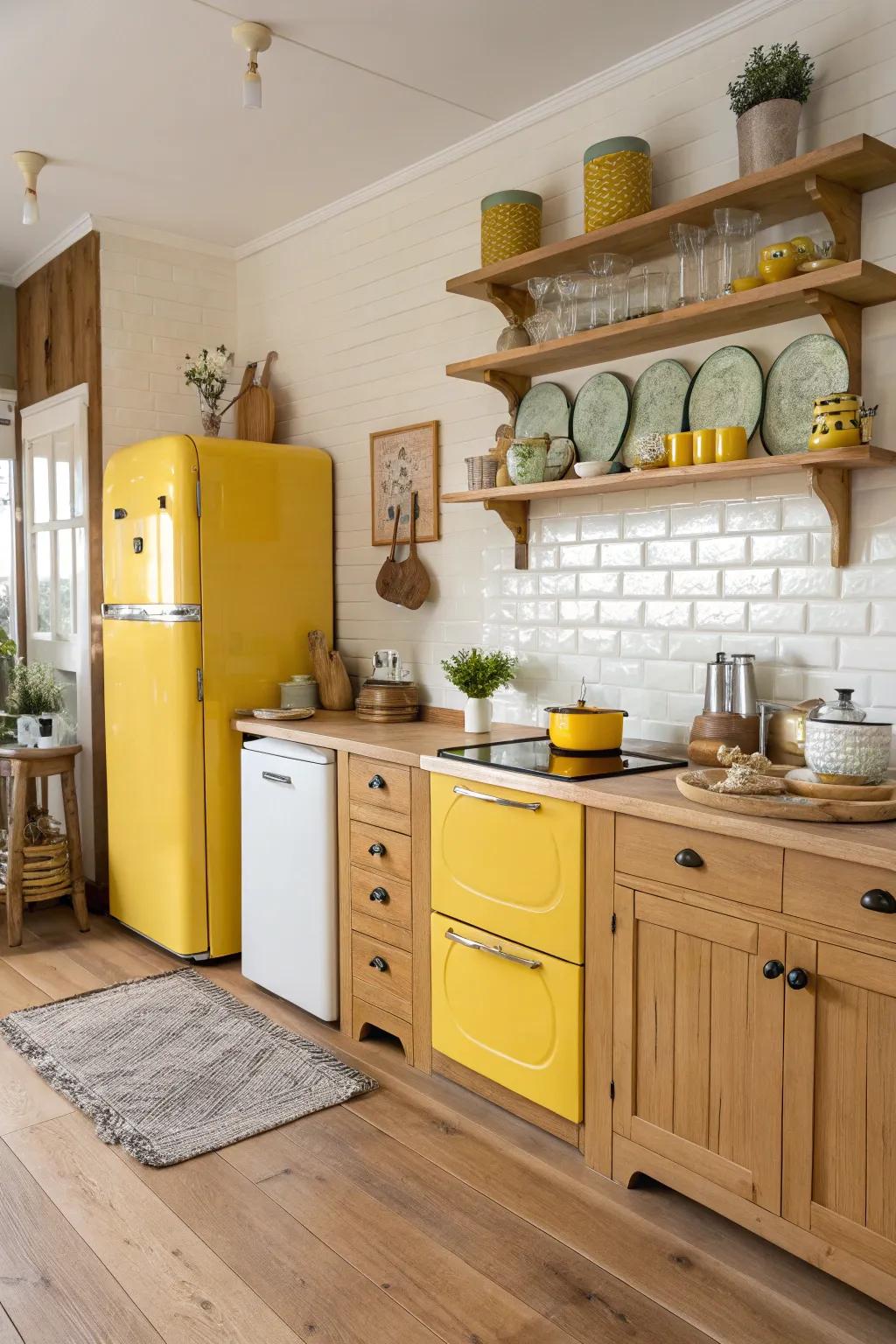 Yellow and wood create a warm, harmonious kitchen atmosphere.