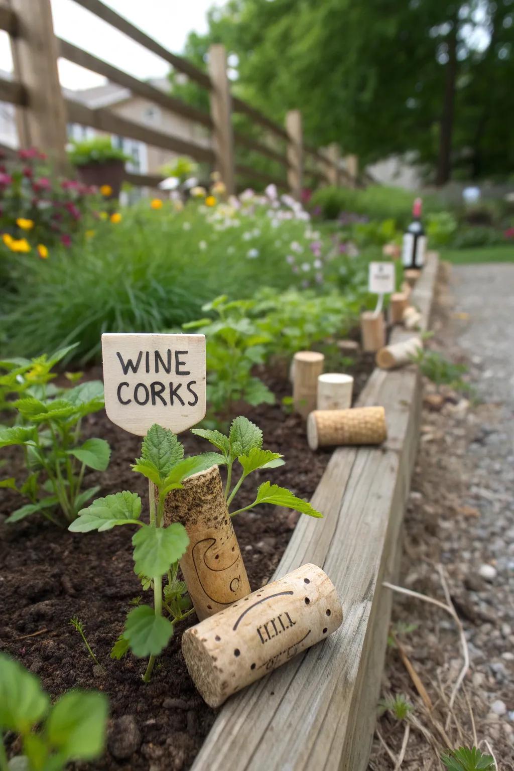 Wine corks adding a rustic touch as plant markers.