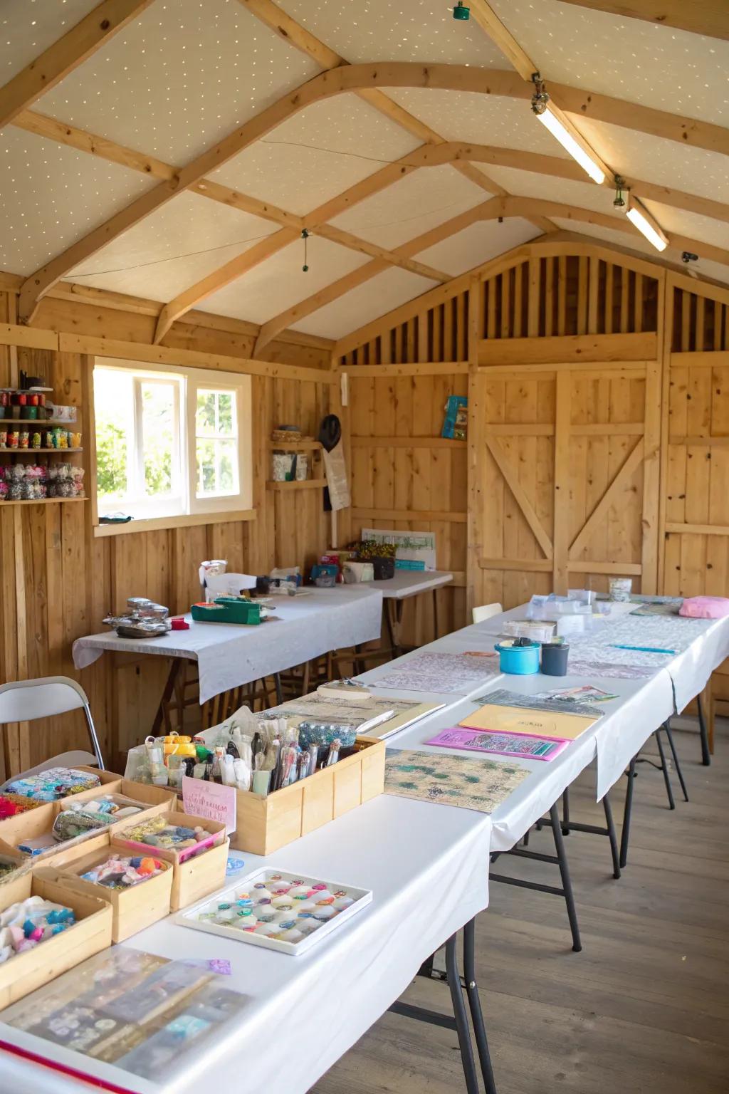 A craft workshop with organized materials and ample workspace.