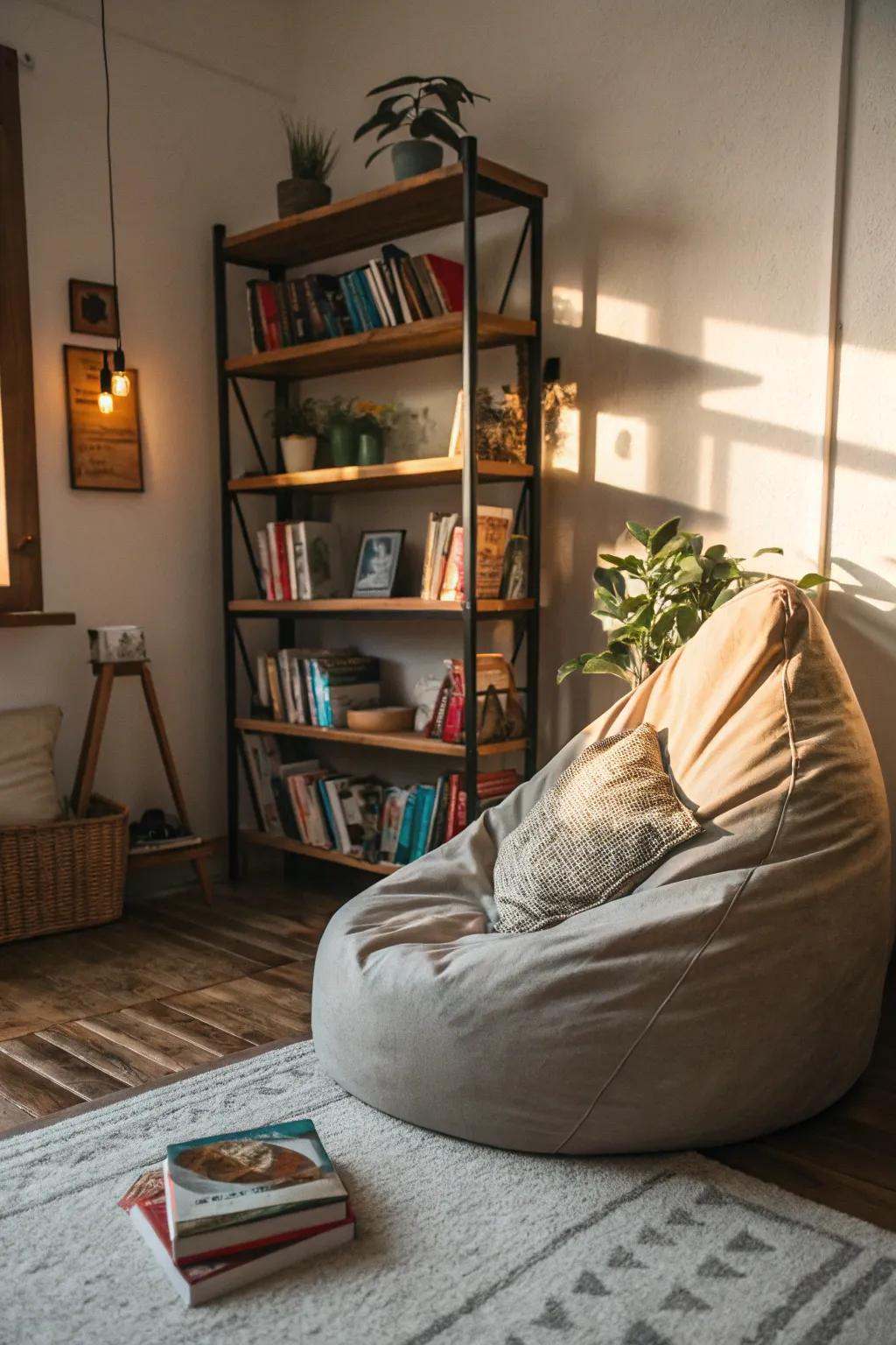 A relaxation zone provides a cozy retreat within the room.