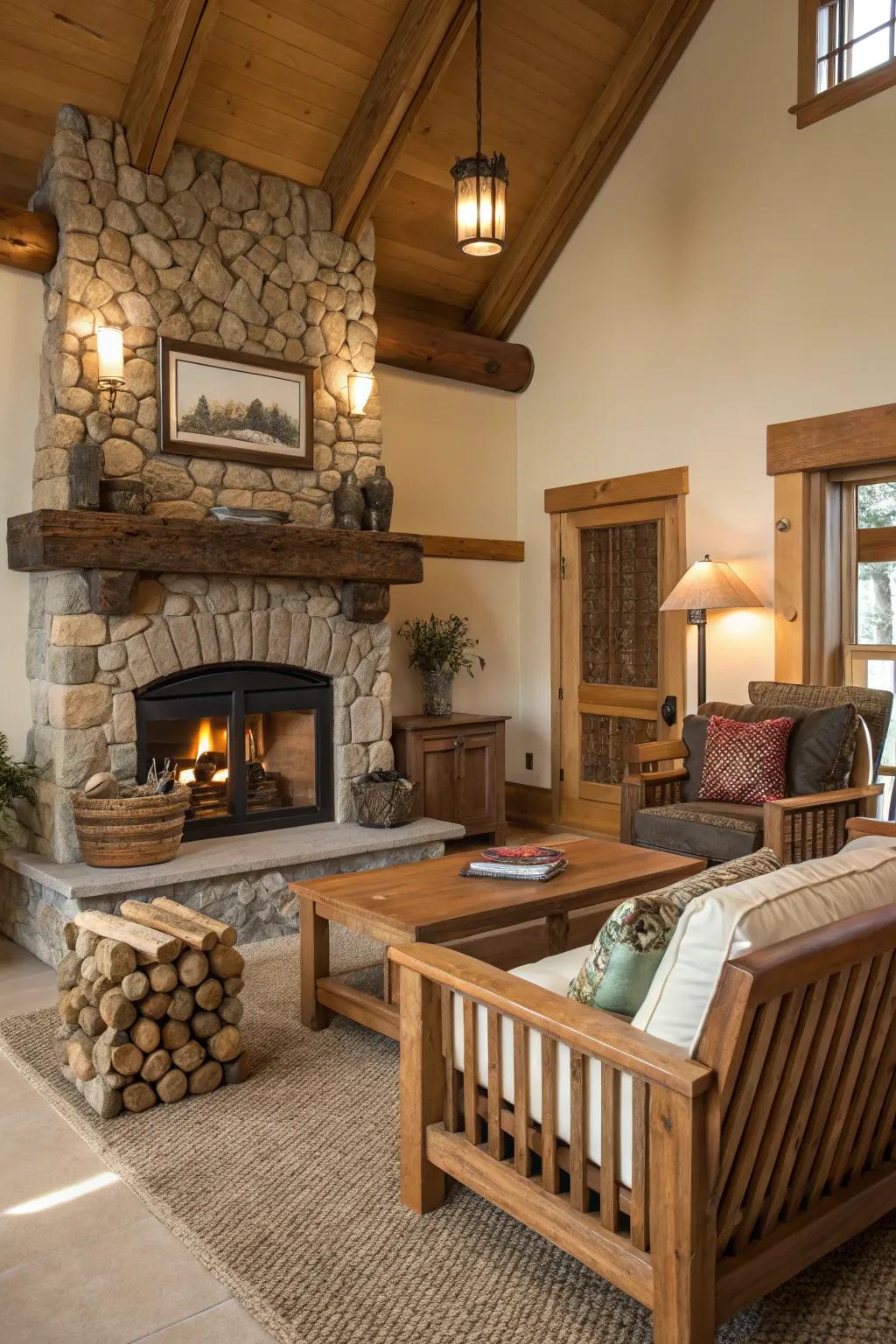 Rustic wood elements bring warmth and natural beauty above the fireplace.