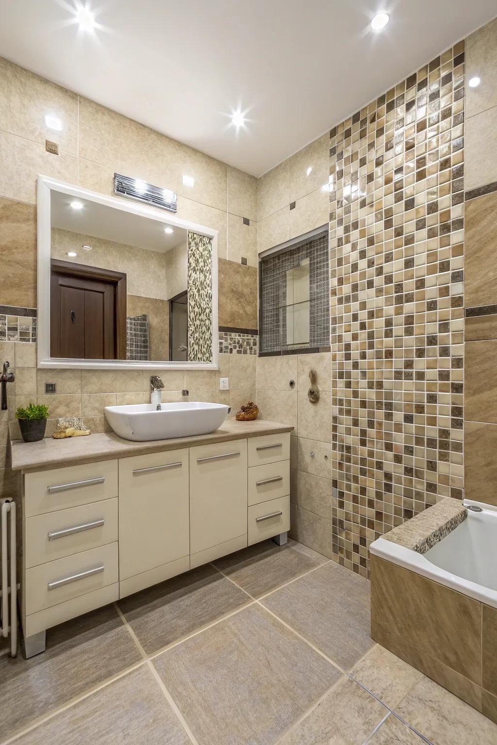 Different tile sizes create a dynamic and interesting look.