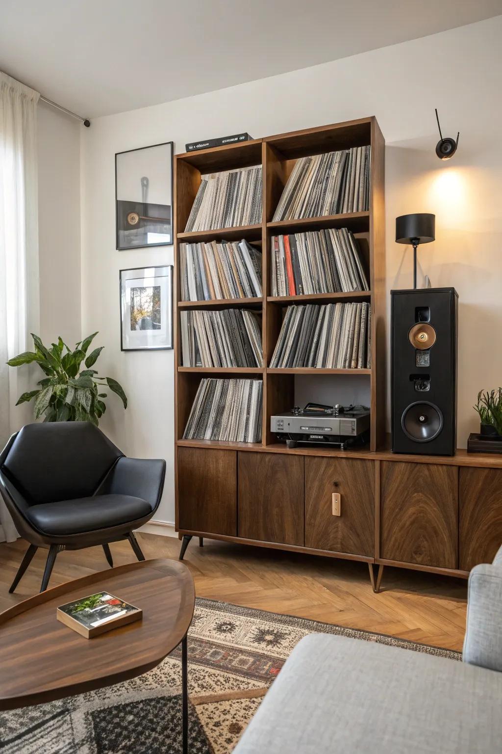 An expandable bookcase accommodating a growing collection of vinyl records.