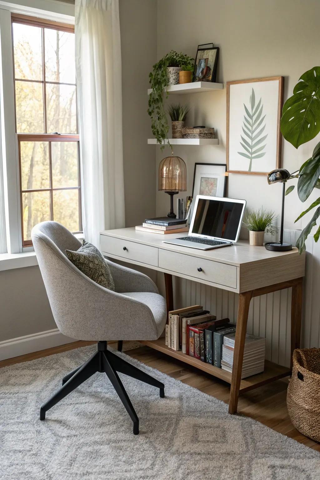 A stylish home office corner seamlessly integrated into the living room.