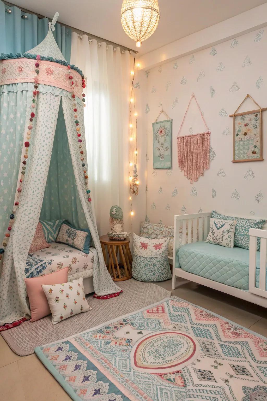 Patterns bring visual interest to a serene baby blue bedroom.