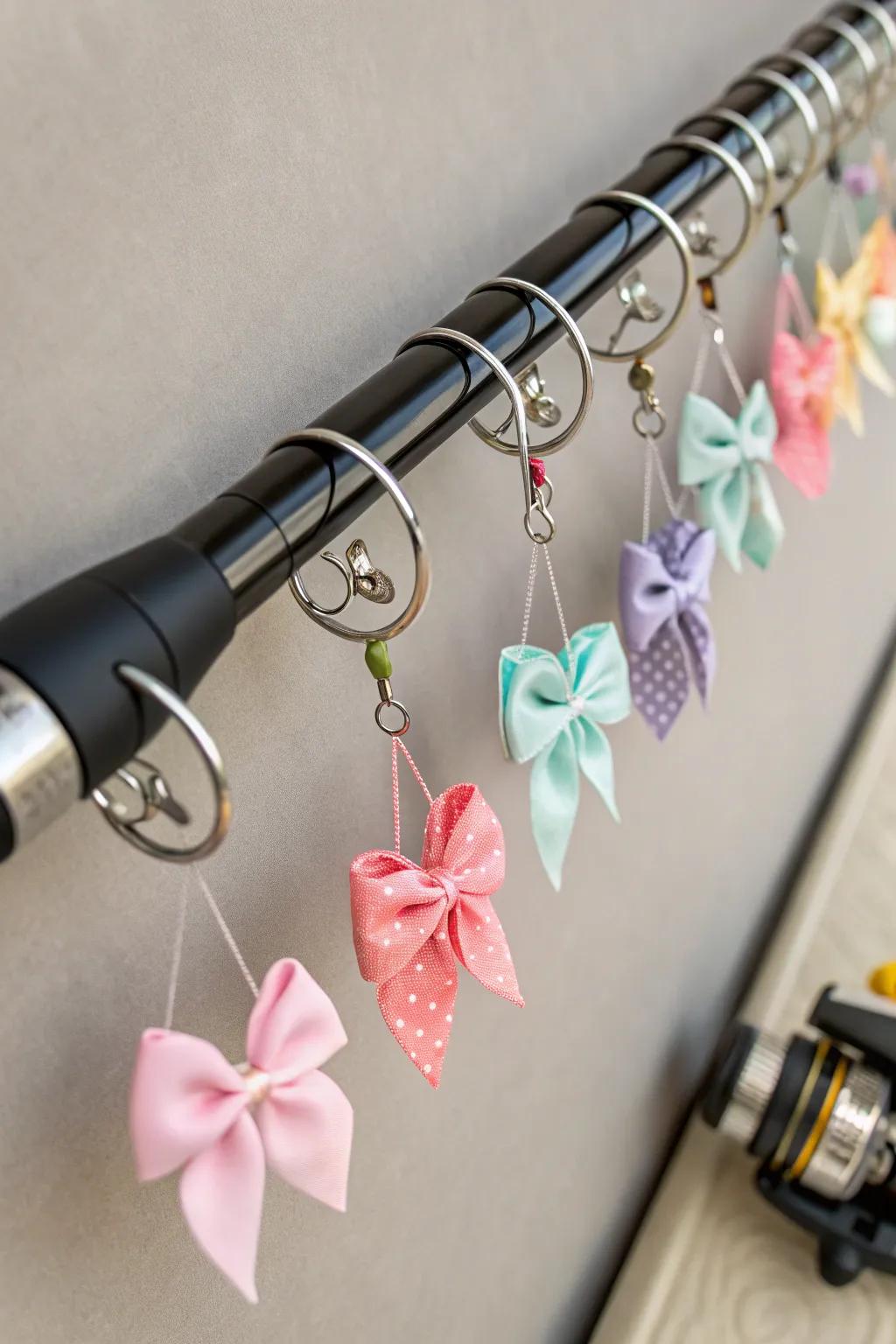 Flexible rod and clip curtain system for baby bows.