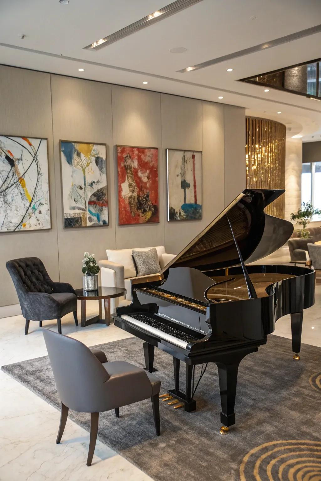 Modern elements create a contemporary vibe around the piano.