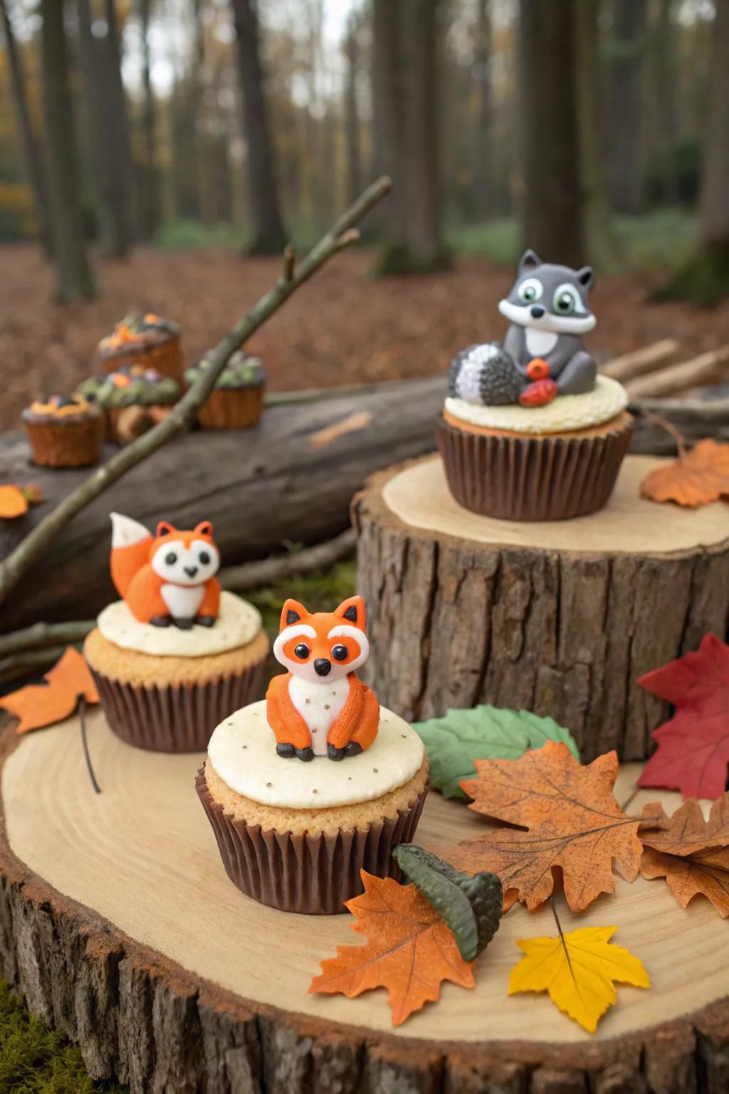 Woodland creature cupcakes add charm to a rustic-themed shower.